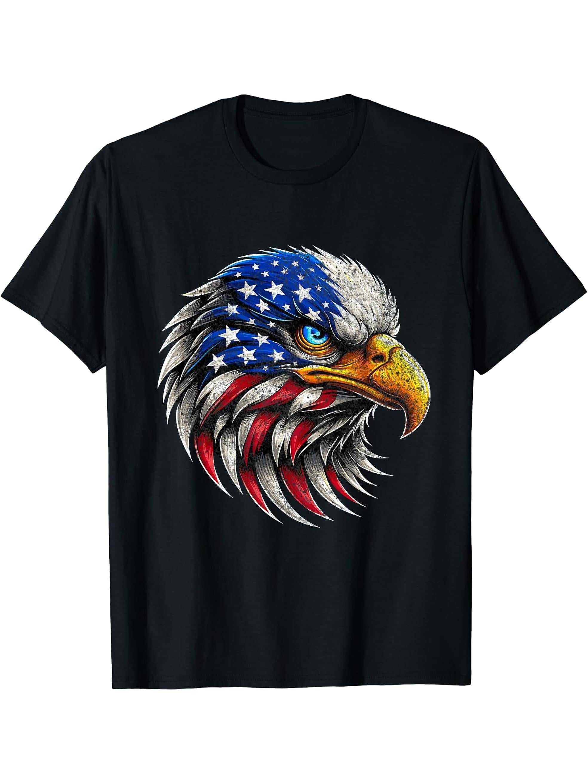 Bald Eagle Patriotic American Flag 4th Of July T-Shirt 180G 100% Cotton Printed Round Neck Short-Sleeve T-Shirt, Gifts for Men Dad Husband Grandpa, S-XXXL, Black