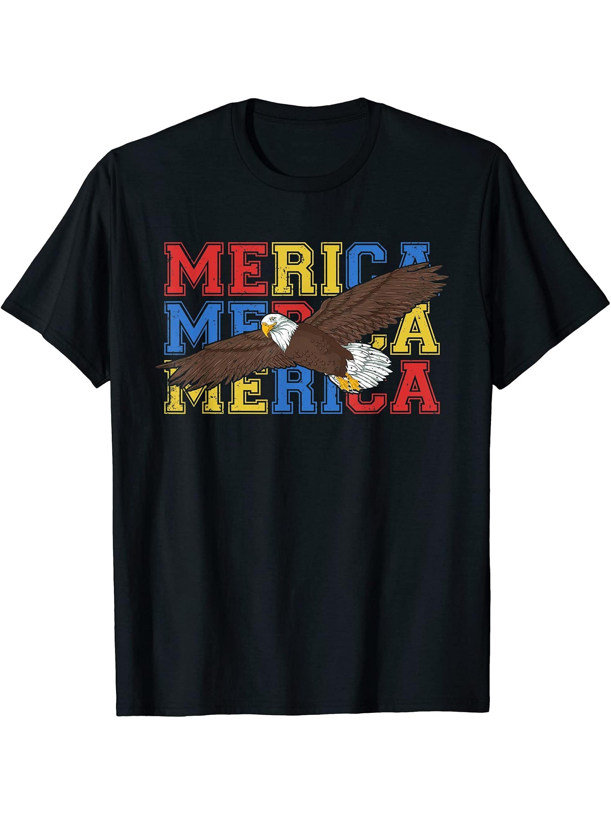 Merica Patriotic American Bald Eagle Liberty USA Flag Eagle T-Shirt 180G 100% Cotton Printed Round Neck Short-Sleeve T-Shirt, Gifts for Men Dad Husband Grandpa, S-XXXL, Black
