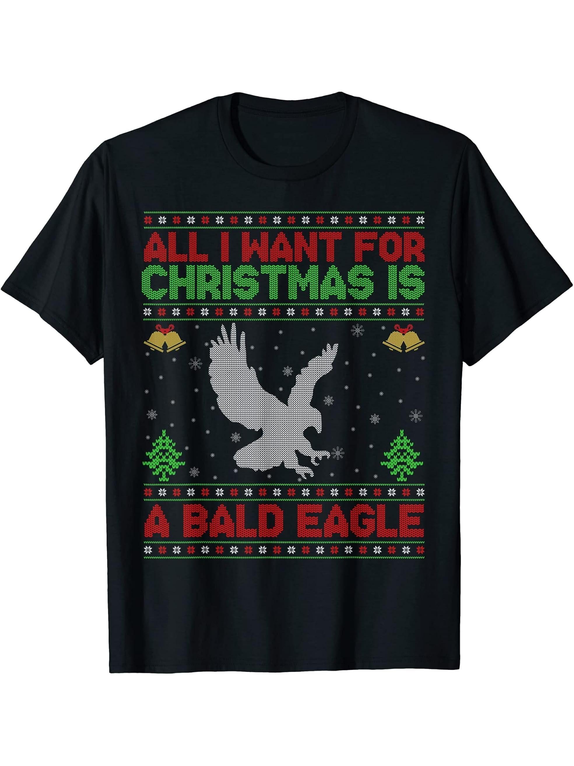 Funny Ugly All I Want For Christmas Is A Bald Eagle T-Shirt 180G 100% Cotton Printed Round Neck Short-Sleeve T-Shirt, Gifts for Men Dad Husband Grandpa, S-XXXL, Black