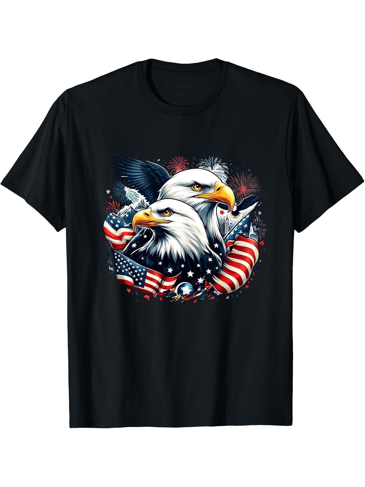 Bald eagles surrounded by vibrant patriotic American flags T-Shirt 180G 100% Cotton Printed Round Neck Short-Sleeve T-Shirt, Gifts for Men Dad Husband Grandpa, S-XXXL, Black