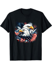 Bald eagles surrounded by vibrant patriotic American flags T-Shirt 180G 100% Cotton Printed Round Neck Short-Sleeve T-Shirt, Gifts for Men Dad Husband Grandpa, S-XXXL, Black