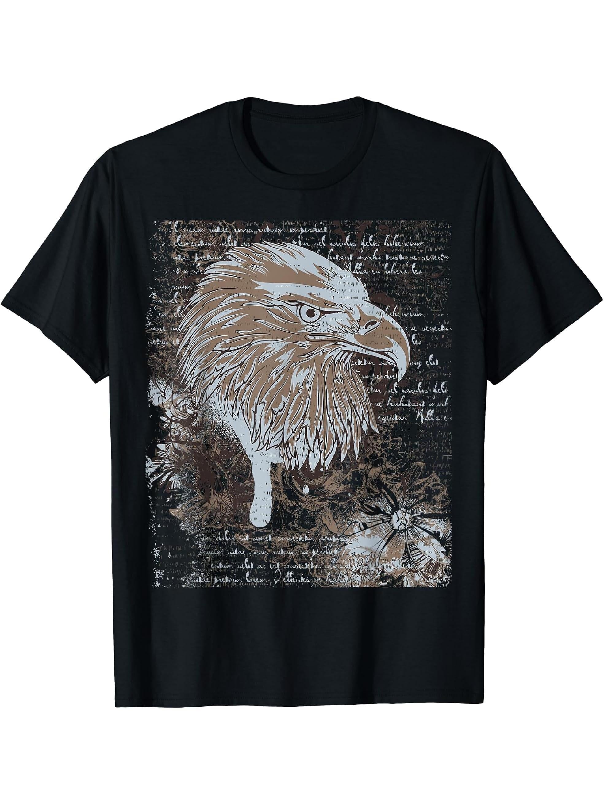 American Bald Eagle T-Shirt, Patriotic Military Vintage Tee 180G 100% Cotton Printed Round Neck Short-Sleeve T-Shirt, Gifts for Men Dad Husband Grandpa, S-XXXL, Black