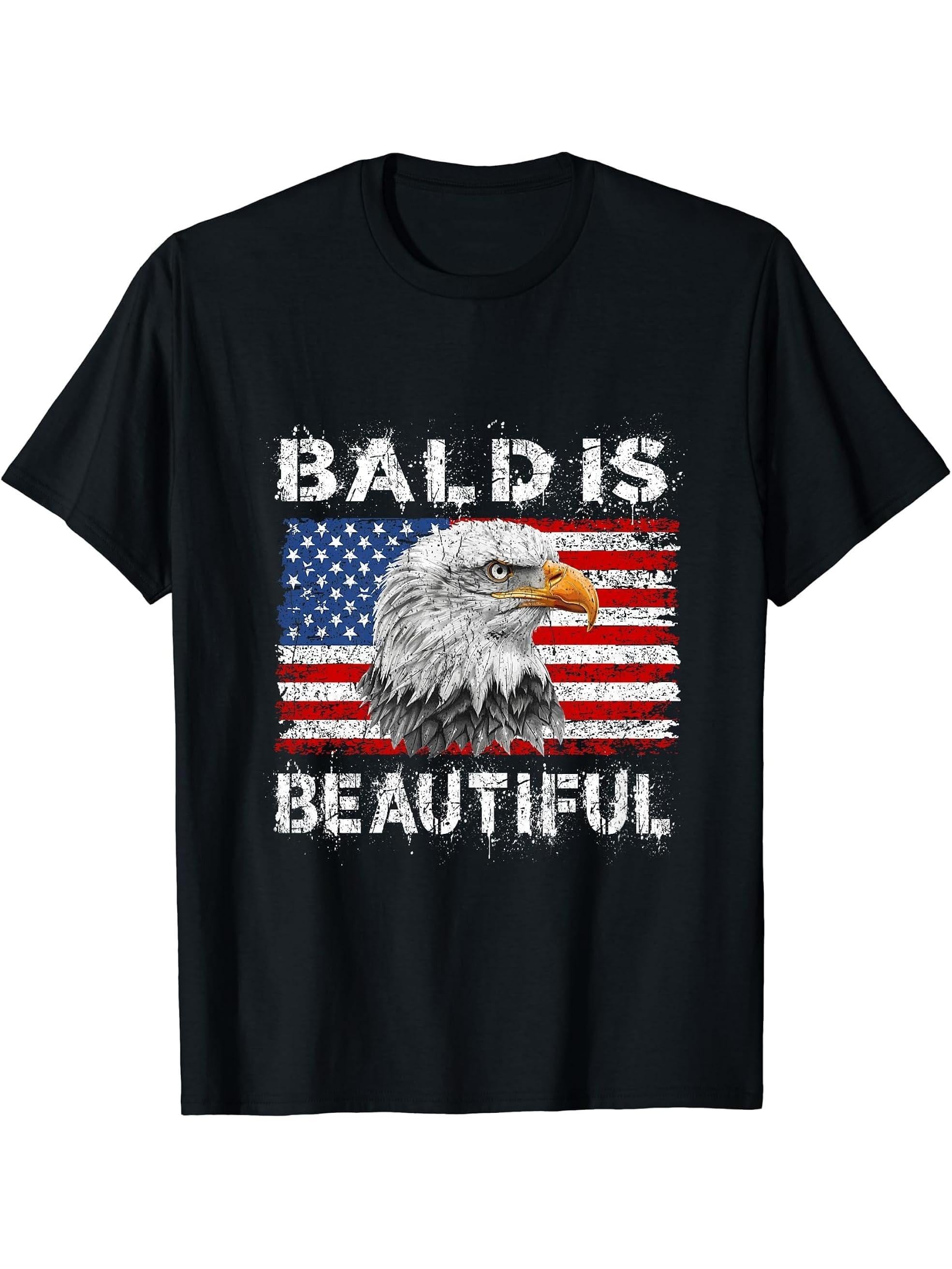Bald Is Beautiful 4th of July Independence Day Bald Eagle T-Shirt 180G 100% Cotton Printed Round Neck Short-Sleeve T-Shirt, Gifts for Men Dad Husband Grandpa, S-XXXL, Black