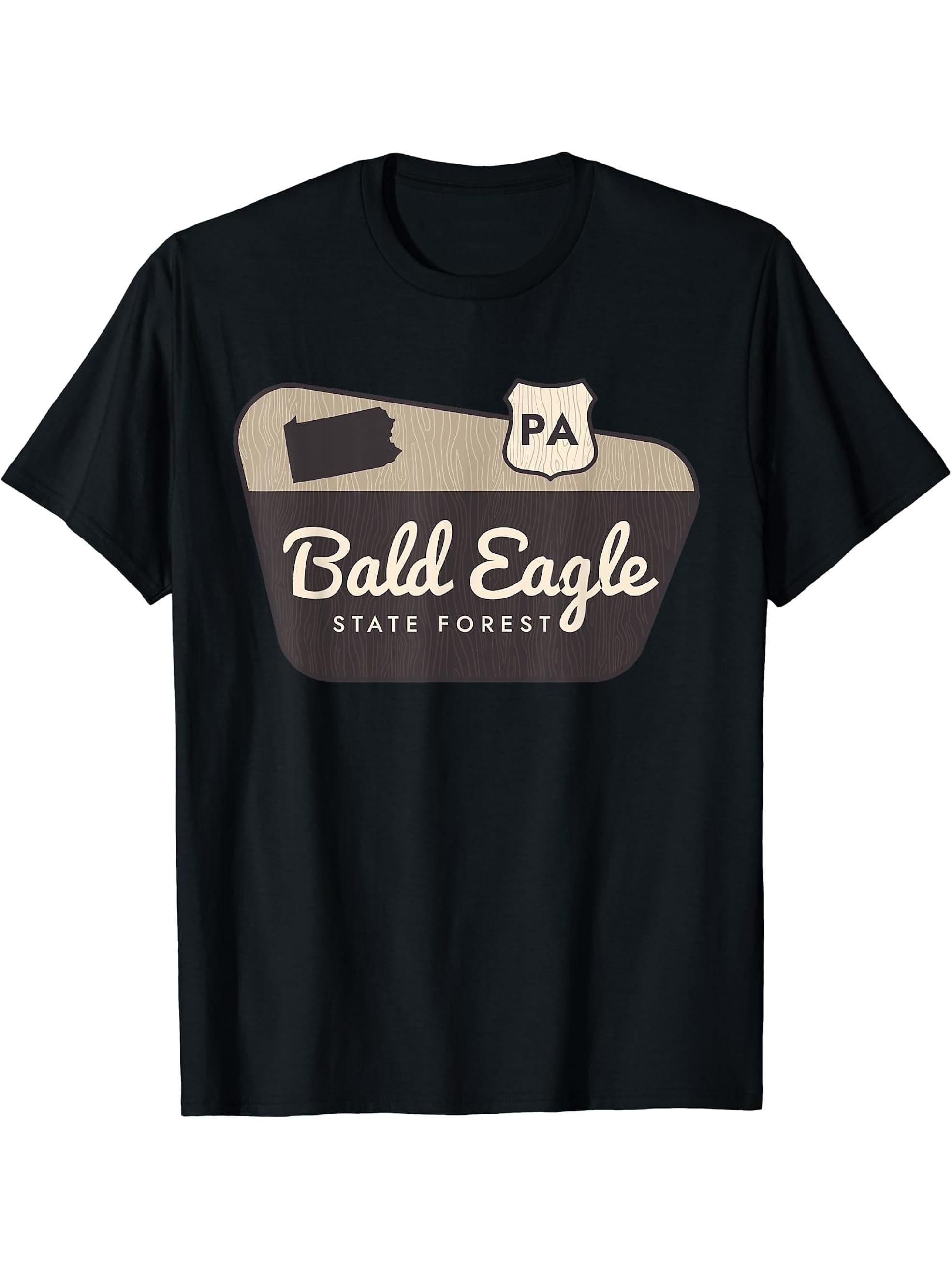 Bald Eagle State Forest Pennsylvania Welcome Sign Trip T-Shirt 180G 100% Cotton Printed Round Neck Short-Sleeve T-Shirt, Gifts for Men Dad Husband Grandpa, S-XXXL, Black