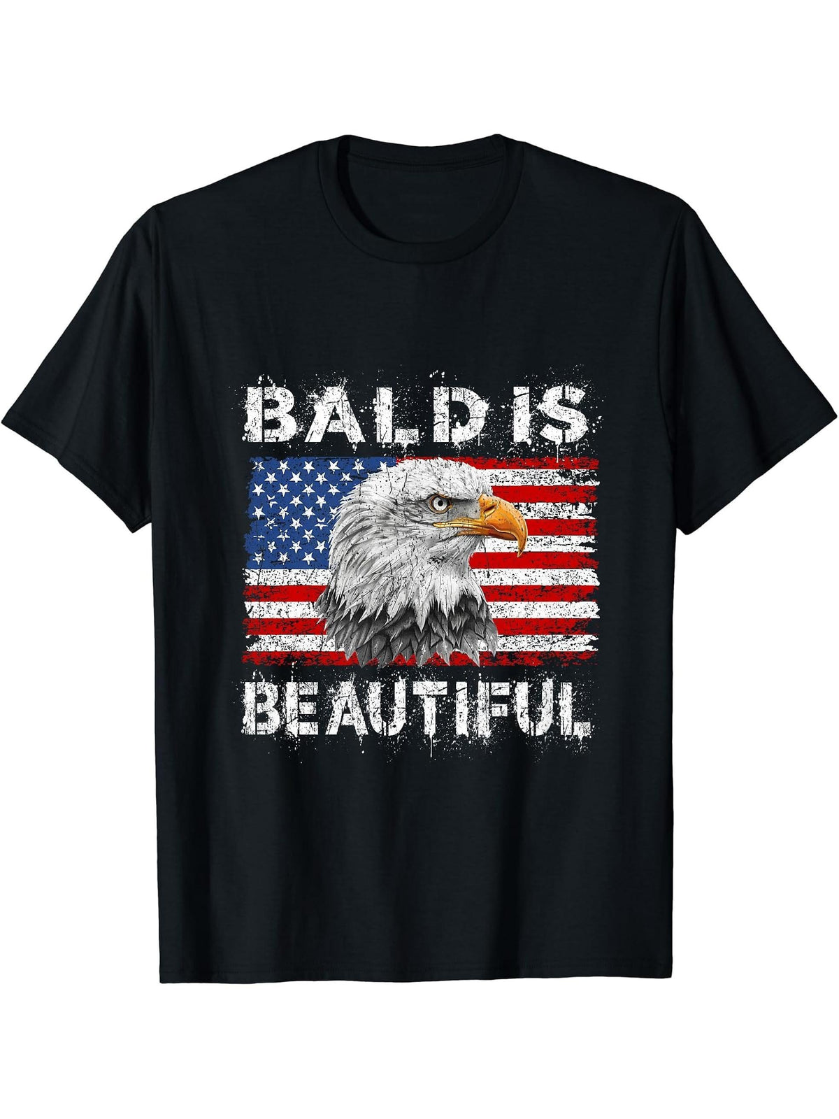 Bald Is Beautiful 4th of July Independence Day Bald Eagle T-Shirt 180G 100% Cotton Printed Round Neck Short-Sleeve T-Shirt, Gifts for Men Dad Husband Grandpa, S-XXXL, Black