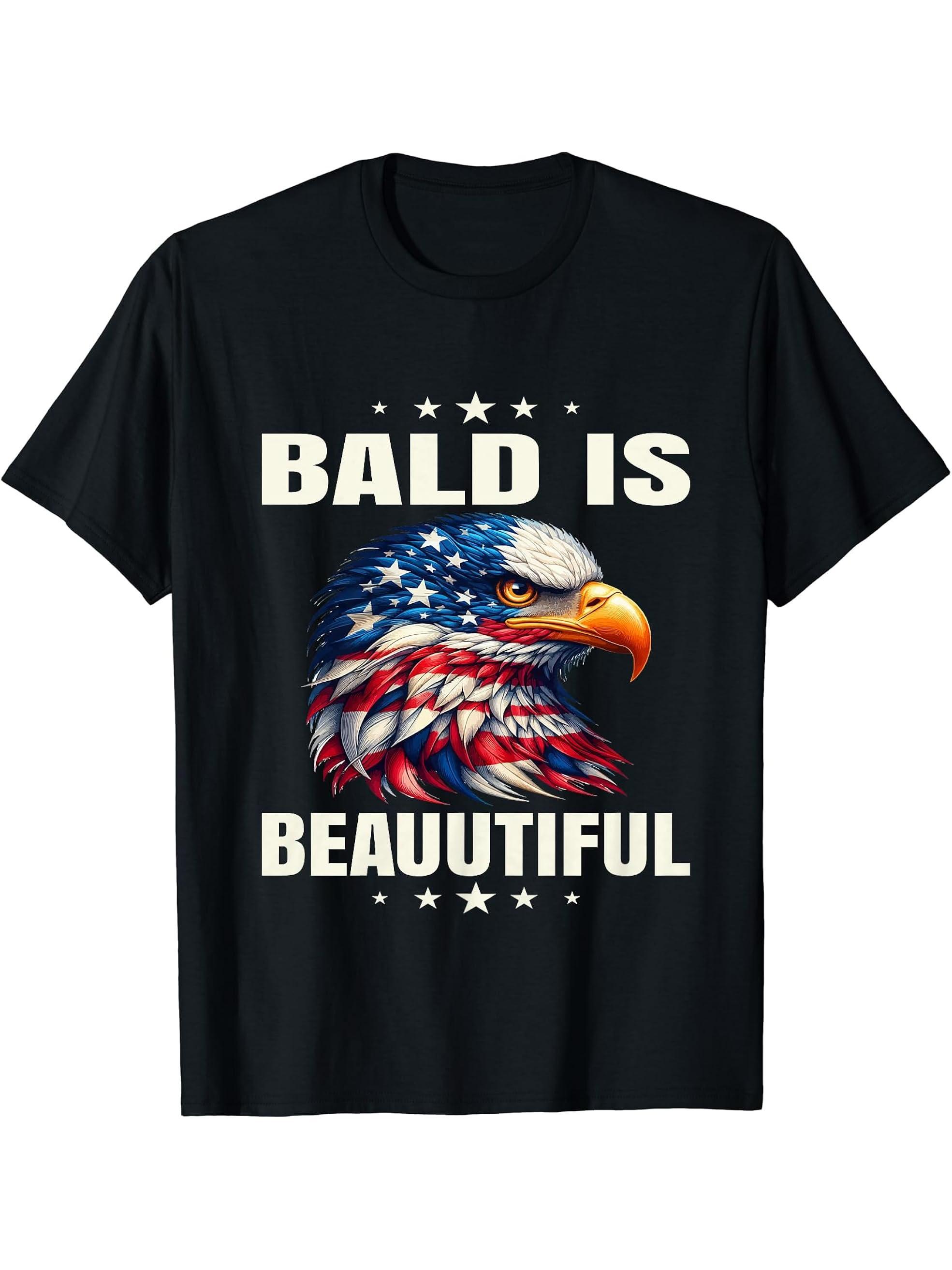 Bald Is Beautiful 4th of July Independence Day Bald Eagle T-Shirt 180G 100% Cotton Printed Round Neck Short-Sleeve T-Shirt, Gifts for Men Dad Husband Grandpa, S-XXXL, Black