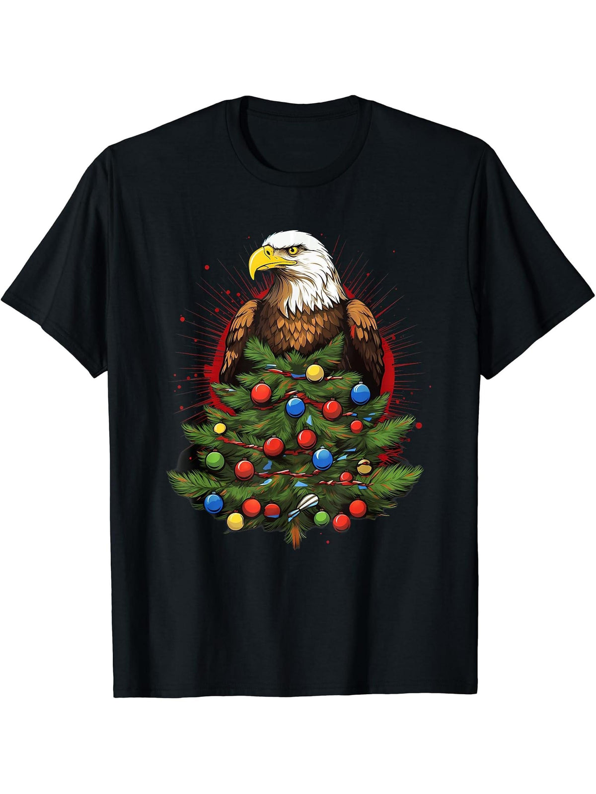Xmas Bald Eagle Pile Up Christmas Tree T-Shirt 180G 100% Cotton Printed Round Neck Short-Sleeve T-Shirt, Gifts for Men Dad Husband Grandpa, S-XXXL, Black