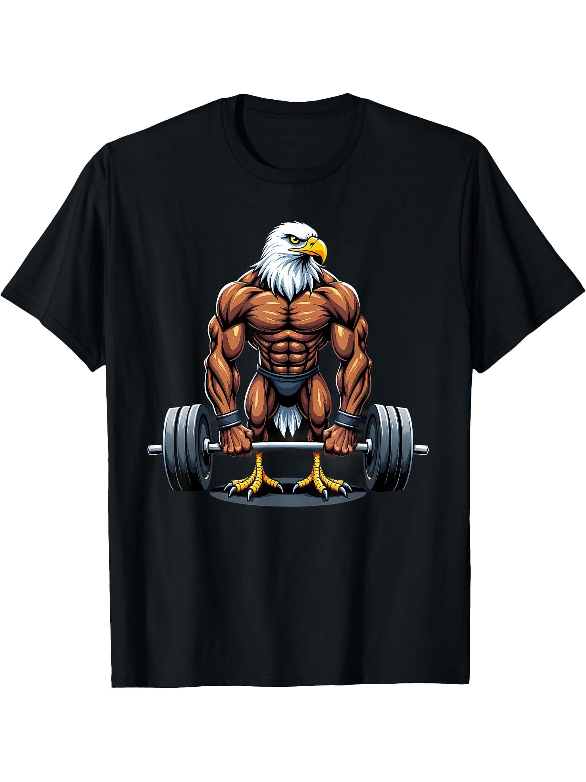 Workout Gym Bald Eagle Deadlift Weightlifting T-Shirt 180G 100% Cotton Printed Round Neck Short-Sleeve T-Shirt, Gifts for Men Dad Husband Grandpa, S-XXXL, Black