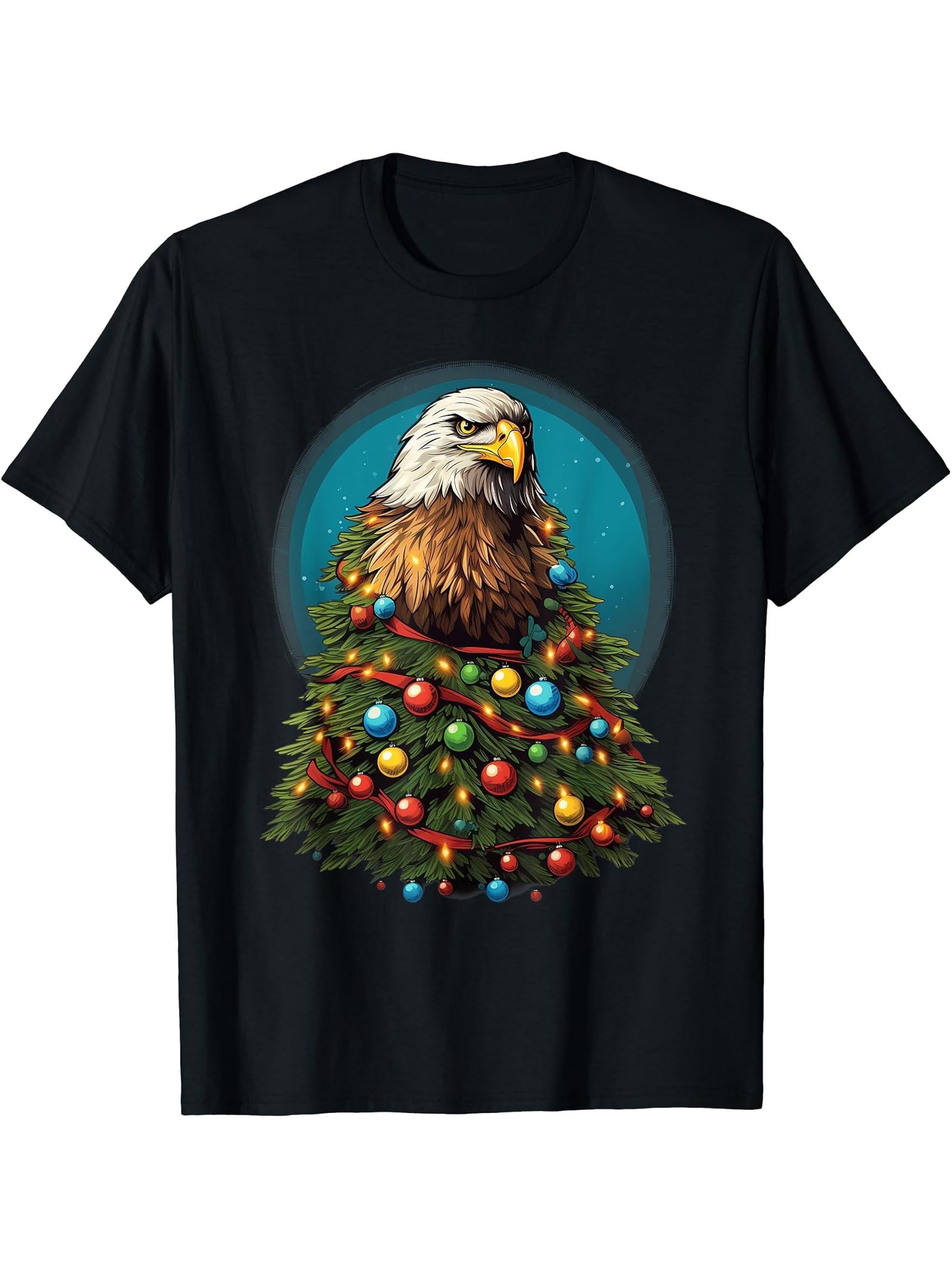Xmas Bald Eagle Pile Up Christmas Tree T-Shirt 180G 100% Cotton Printed Round Neck Short-Sleeve T-Shirt, Gifts for Men Dad Husband Grandpa, S-XXXL, Black