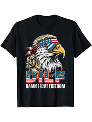 DILF Damn I Love Freedom Bald Eagle Patriotic 4th Of July T-Shirt 180G 100% Cotton Printed Round Neck Short-Sleeve T-Shirt, Gifts for Men Dad Husband Grandpa, S-XXXL, Black