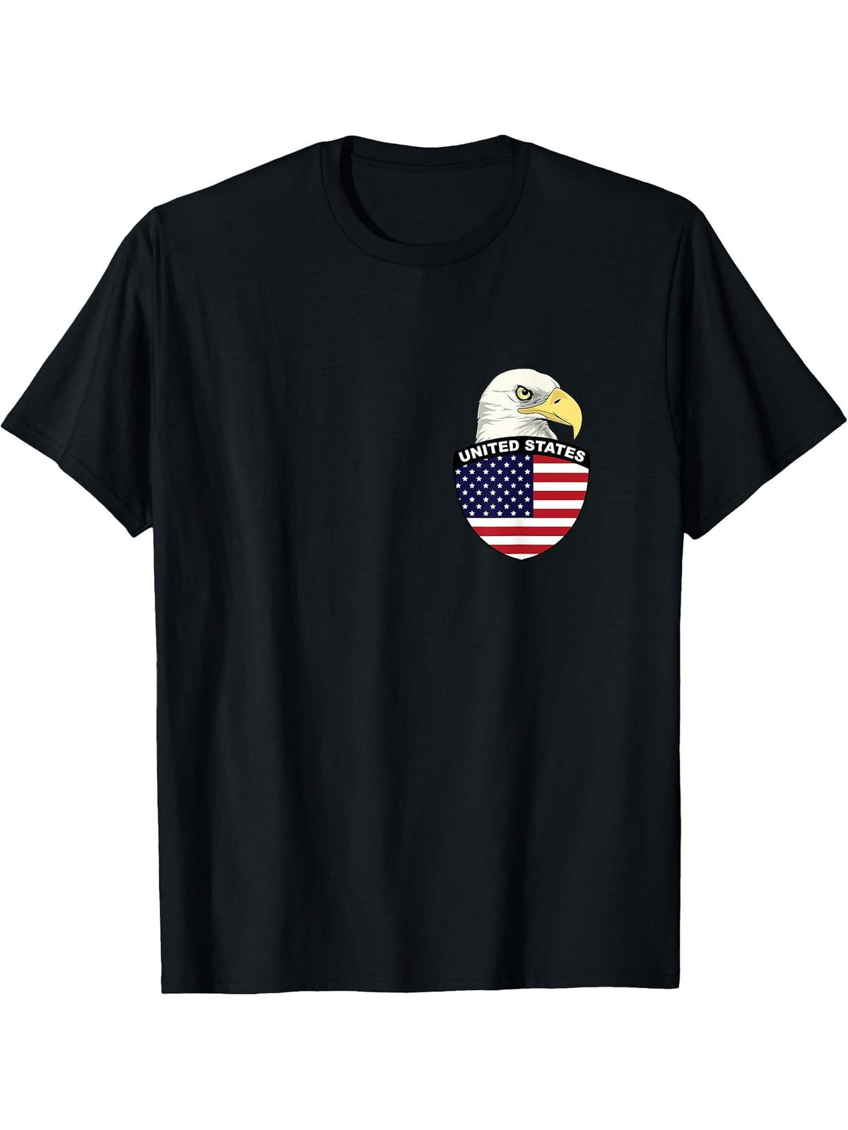 US Patriot American flag Bald Eagle Left Pocket Badge T-Shirt 180G 100% Cotton Printed Round Neck Short-Sleeve T-Shirt, Gifts for Men Dad Husband Grandpa, S-XXXL, Black