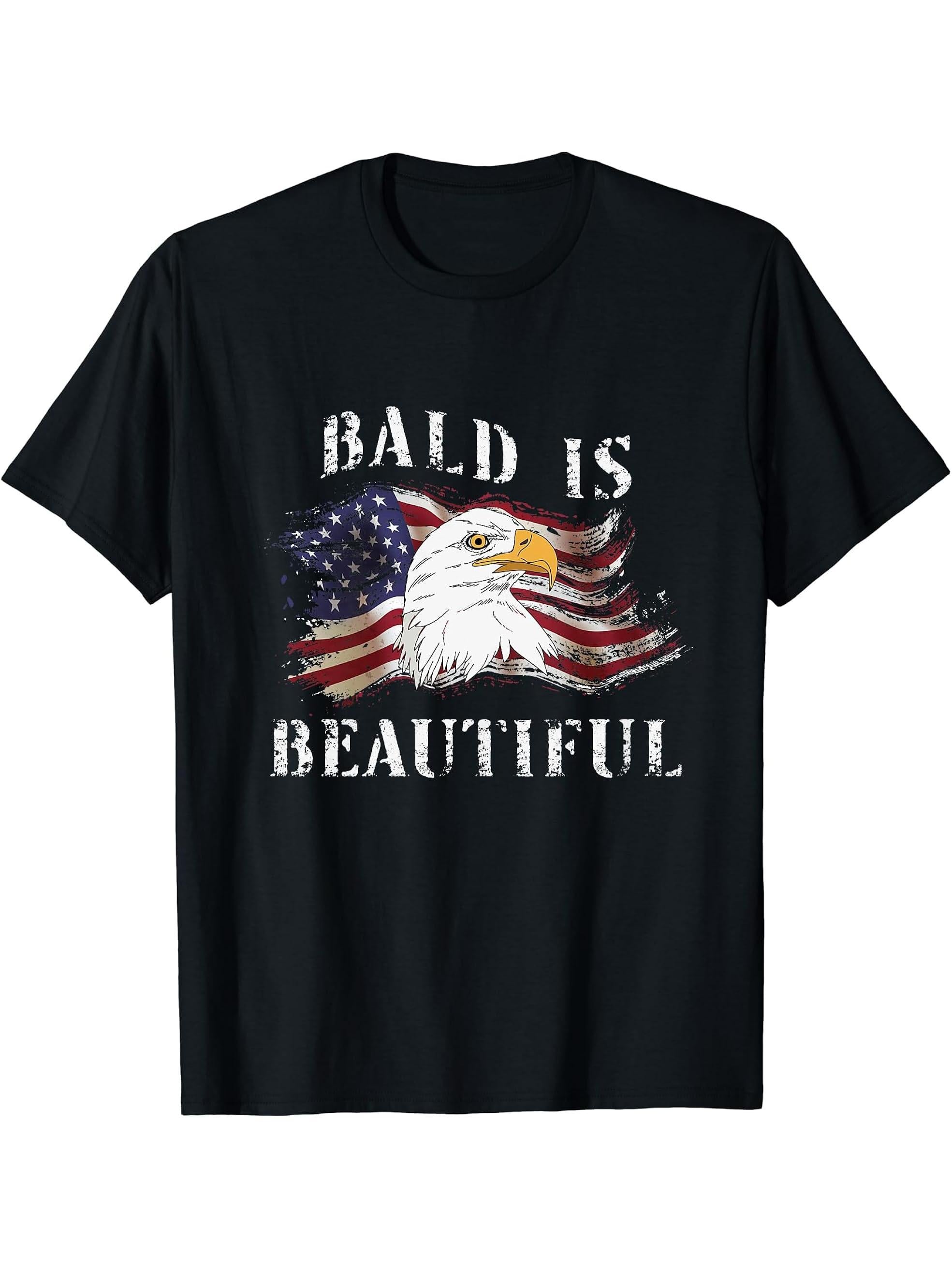 Bald Is Beautiful 4th of July Independence Day Bald Eagle T-Shirt 180G 100% Cotton Printed Round Neck Short-Sleeve T-Shirt, Gifts for Men Dad Husband Grandpa, S-XXXL, Black