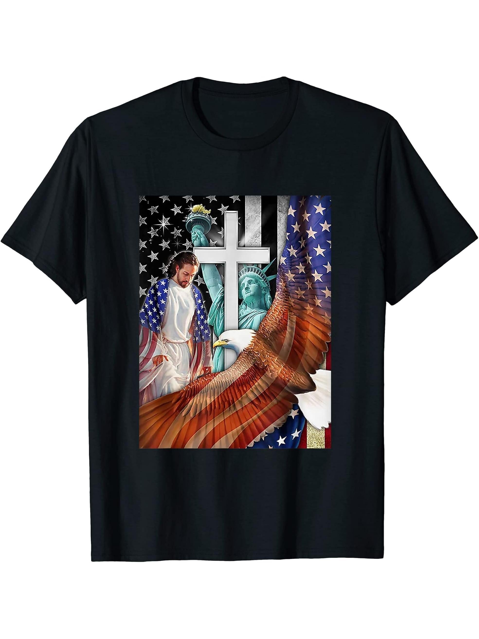 Bald Eagle with Jesus Christ and American Flag T-Shirt 180G 100% Cotton Printed Round Neck Short-Sleeve T-Shirt, Gifts for Men Dad Husband Grandpa, S-XXXL, Black