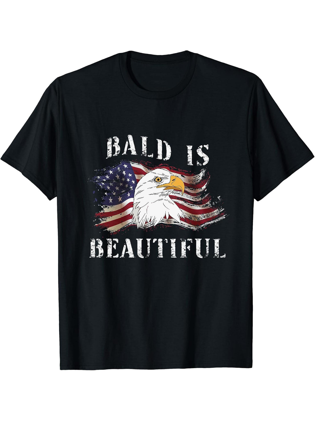 Bald Is Beautiful 4th of July Independence Day Bald Eagle T-Shirt 180G 100% Cotton Printed Round Neck Short-Sleeve T-Shirt, Gifts for Men Dad Husband Grandpa, S-XXXL, Black