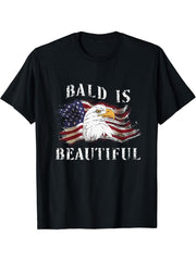Bald Is Beautiful 4th of July Independence Day Bald Eagle T-Shirt 180G 100% Cotton Printed Round Neck Short-Sleeve T-Shirt, Gifts for Men Dad Husband Grandpa, S-XXXL, Black