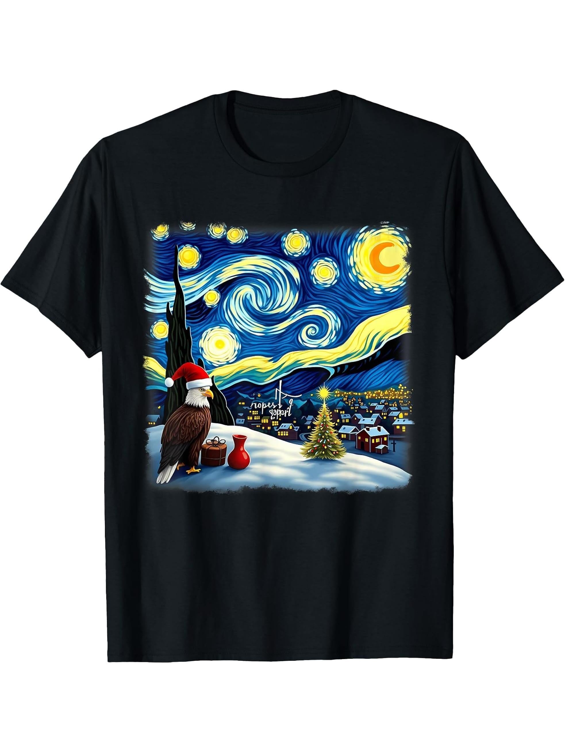 Christmas Bald Eagle Starry Night T-Shirt 180G 100% Cotton Printed Round Neck Short-Sleeve T-Shirt, Gifts for Men Dad Husband Grandpa, S-XXXL, Black