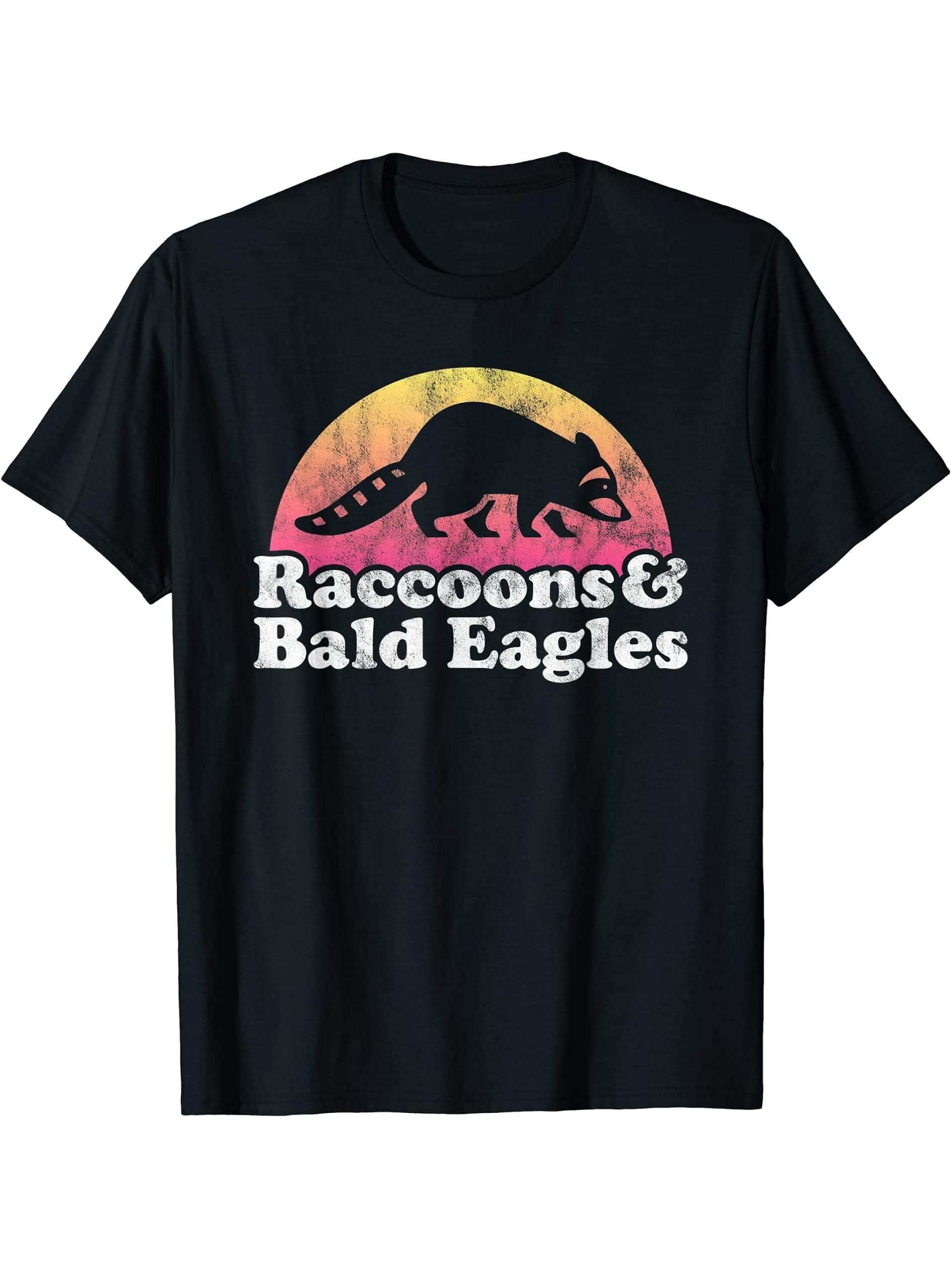 Raccoons and Bald Eagles Raccoon and Bald Eagle T-Shirt 180G 100% Cotton Printed Round Neck Short-Sleeve T-Shirt, Gifts for Men Dad Husband Grandpa, S-XXXL, Black