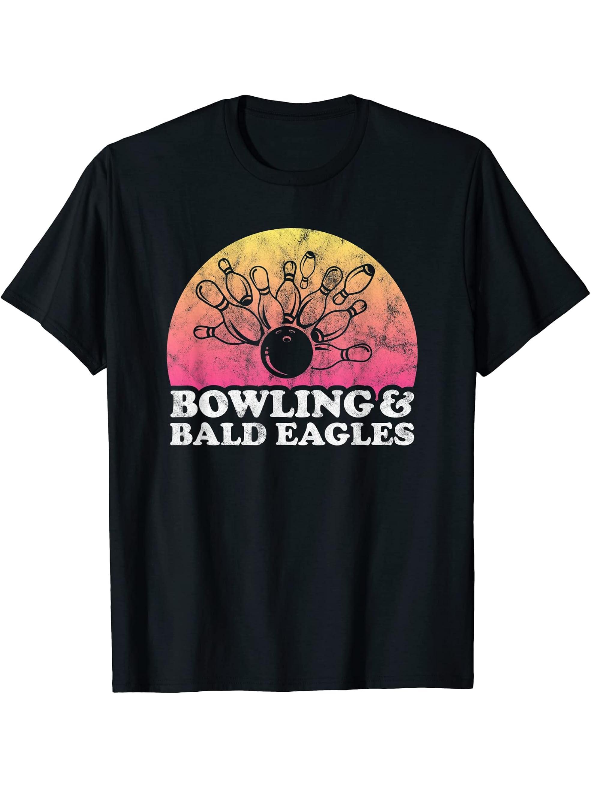 Bowling and Bald Eagles or Bald Eagle T-Shirt 180G 100% Cotton Printed Round Neck Short-Sleeve T-Shirt, Gifts for Men Dad Husband Grandpa, S-XXXL, Black