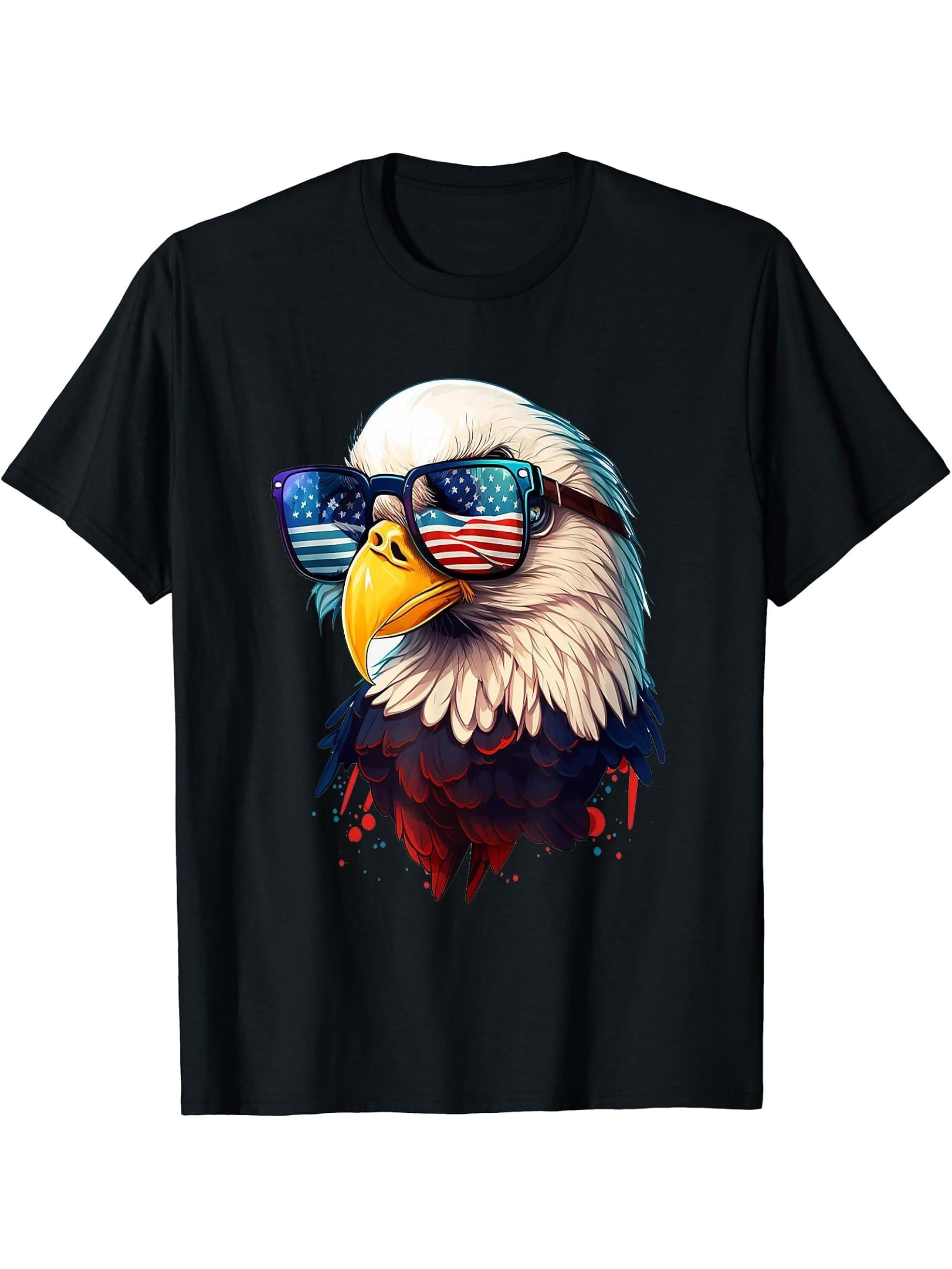 Southern American Bald Eagle Wearing USA flag sunglasses Art T-Shirt 180G 100% Cotton Printed Round Neck Short-Sleeve T-Shirt, Gifts for Men Dad Husband Grandpa, S-XXXL, Black