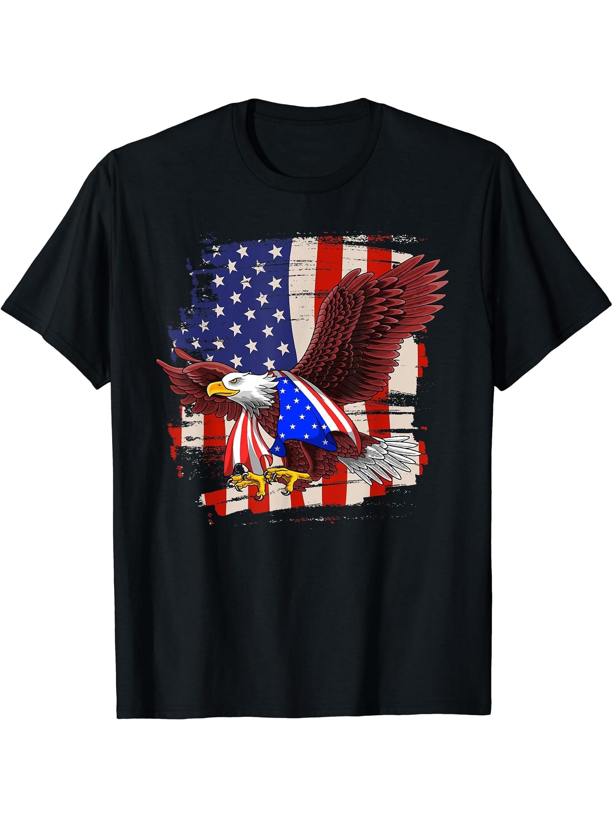 Bald eagle 4th of July patriotic American Flag T-Shirt 180G 100% Cotton Printed Round Neck Short-Sleeve T-Shirt, Gifts for Men Dad Husband Grandpa, S-XXXL, Black