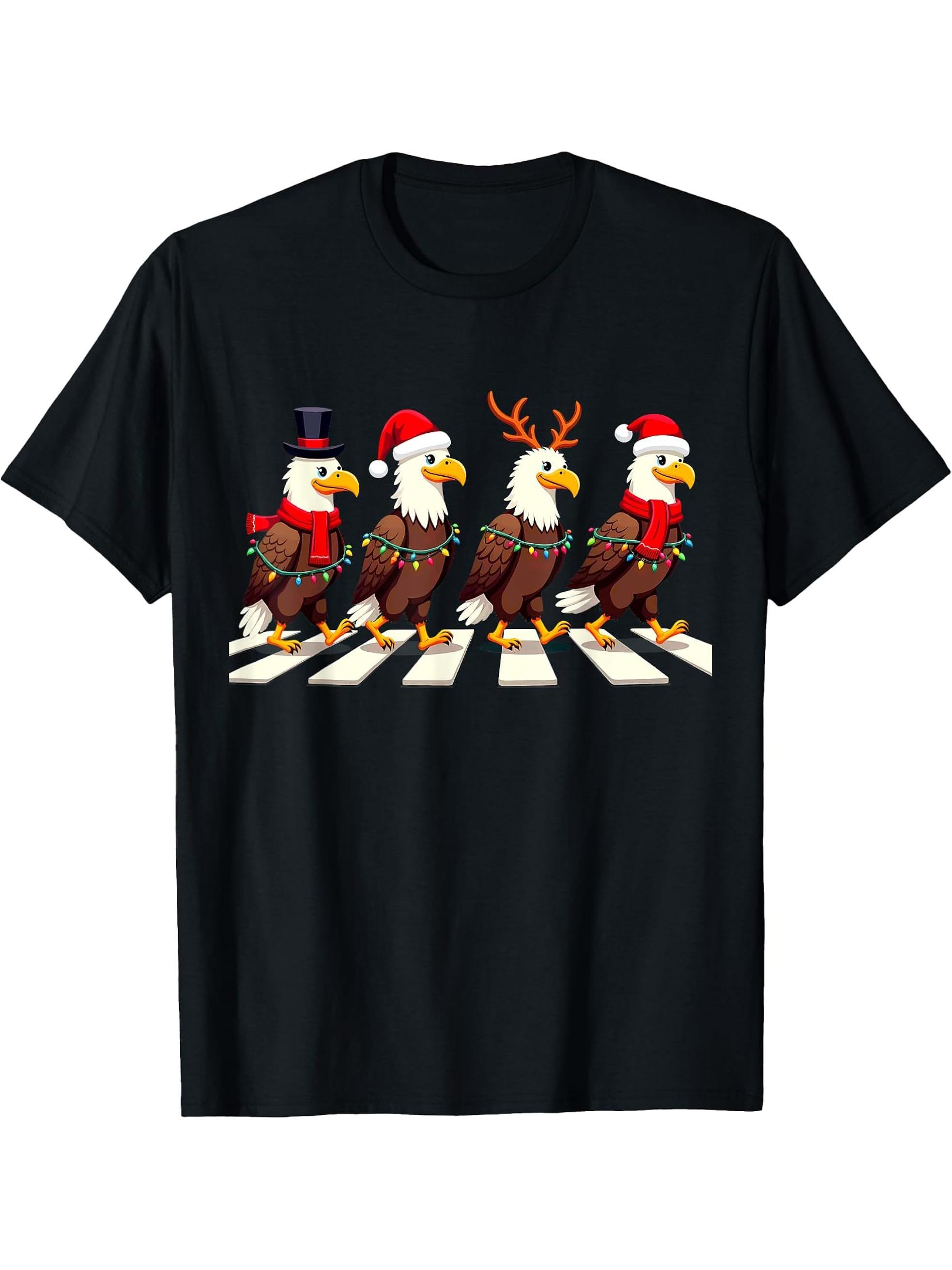 Bald Eagle Crossing Road Xmas T-Shirt 180G 100% Cotton Printed Round Neck Short-Sleeve T-Shirt, Gifts for Men Dad Husband Grandpa, S-XXXL, Black