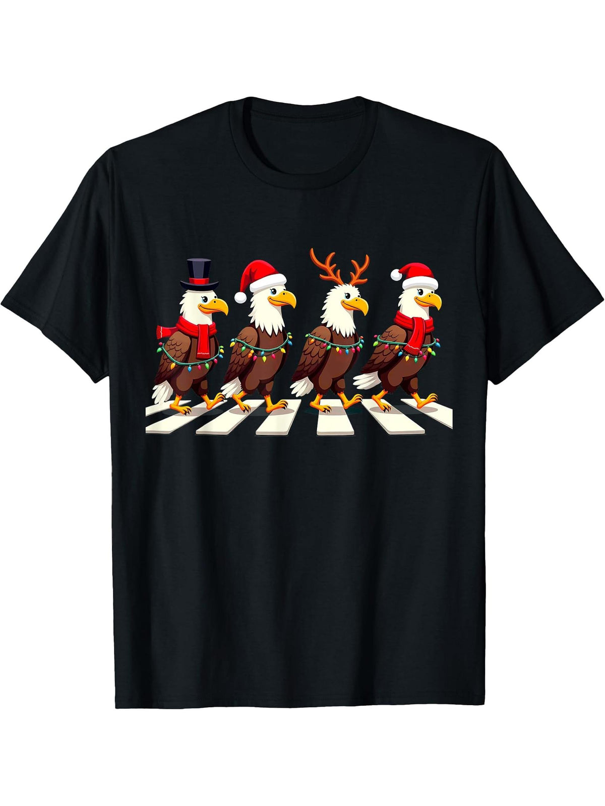 Bald Eagle Crossing Road Xmas T-Shirt 180G 100% Cotton Printed Round Neck Short-Sleeve T-Shirt, Gifts for Men Dad Husband Grandpa, S-XXXL, Black