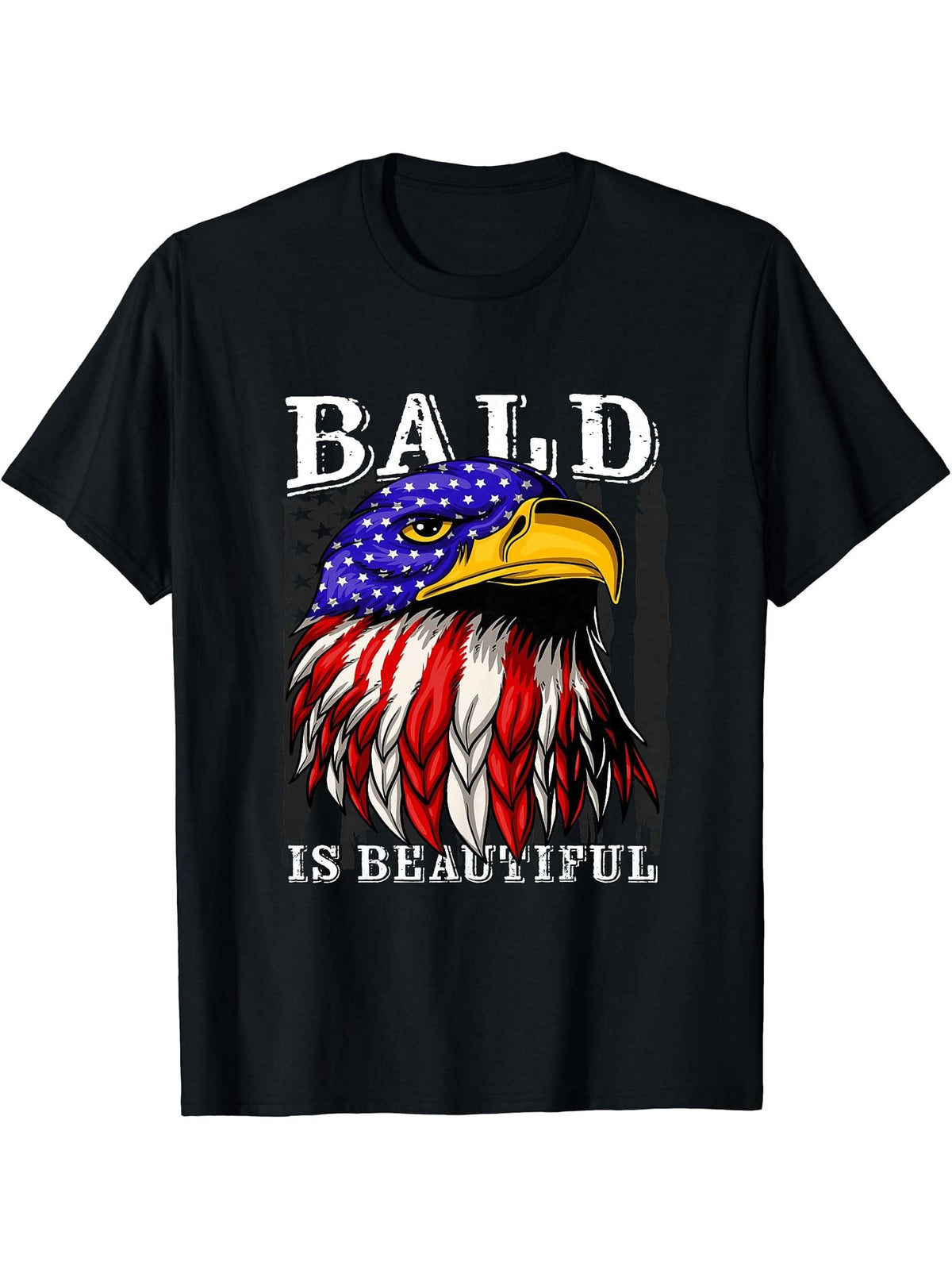 Bald is beautiful Bald Eagle American USA Flag 4th of July T-Shirt 180G 100% Cotton Printed Round Neck Short-Sleeve T-Shirt, Gifts for Men Dad Husband Grandpa, S-XXXL, Black