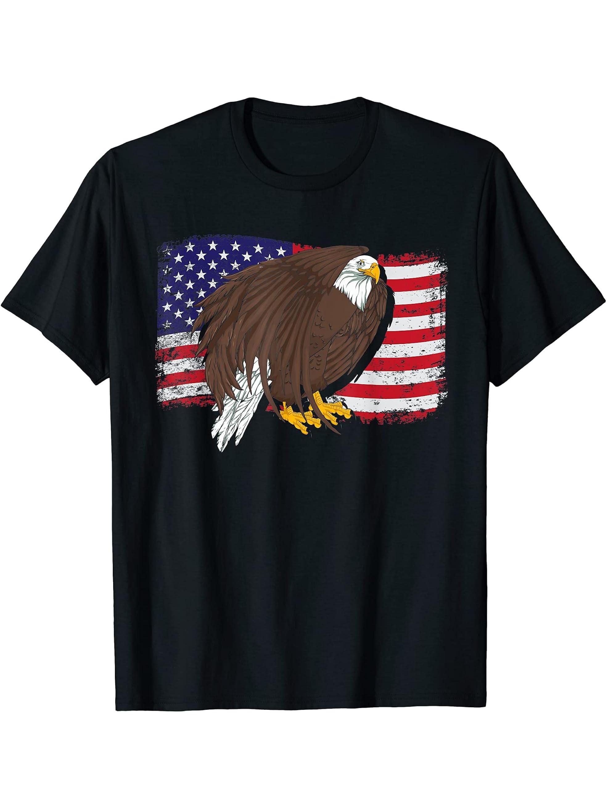 Proud Patriotic American Bald Eagle USA Flag Pride Eagle T-Shirt 180G 100% Cotton Printed Round Neck Short-Sleeve T-Shirt, Gifts for Men Dad Husband Grandpa, S-XXXL, Black