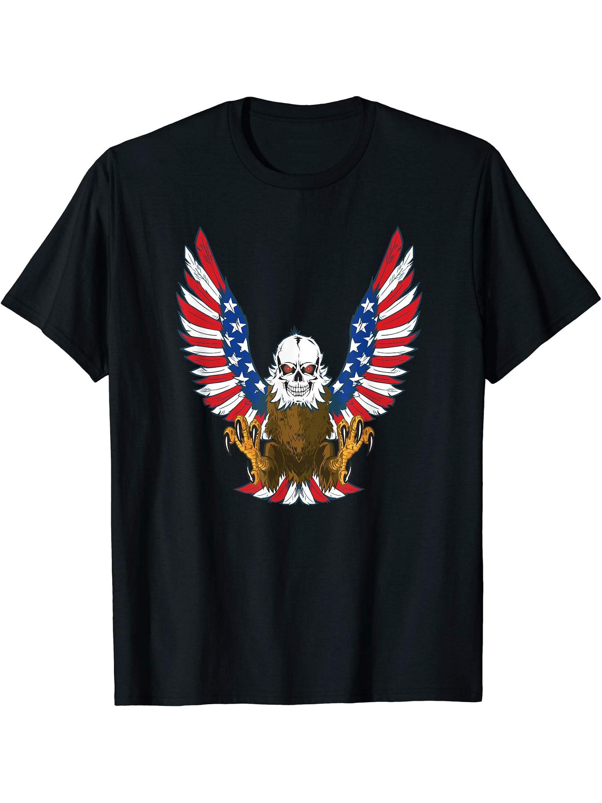 Patriotic American Flag Bald Eagle With Skull Men Women T-Shirt 180G 100% Cotton Printed Round Neck Short-Sleeve T-Shirt, Gifts for Men Dad Husband Grandpa, S-XXXL, Black