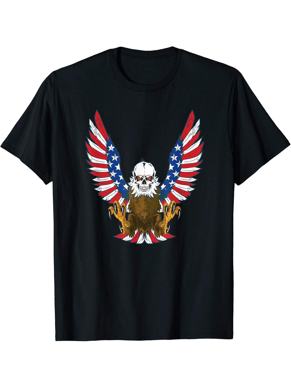 Patriotic American Flag Bald Eagle With Skull Men Women T-Shirt 180G 100% Cotton Printed Round Neck Short-Sleeve T-Shirt, Gifts for Men Dad Husband Grandpa, S-XXXL, Black