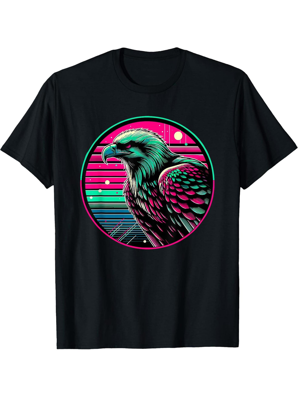 Futuristic Synthwave Bald Eagle Bald Eagles T-Shirt 180G 100% Cotton Printed Round Neck Short-Sleeve T-Shirt, Gifts for Men Dad Husband Grandpa, S-XXXL, Black
