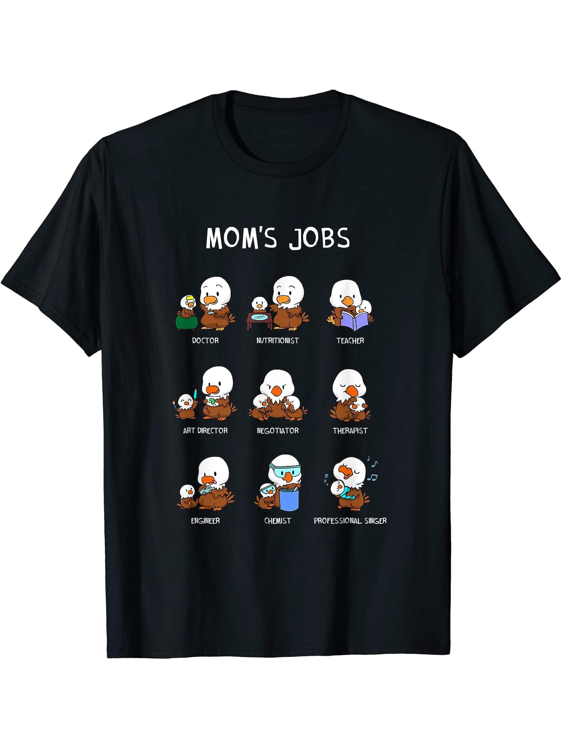 Mom's Jobs Mother's Day Mommy American Bald Eagle Mama T-Shirt 180G 100% Cotton Printed Round Neck Short-Sleeve T-Shirt, Gifts for Men Dad Husband Grandpa, S-XXXL, Black
