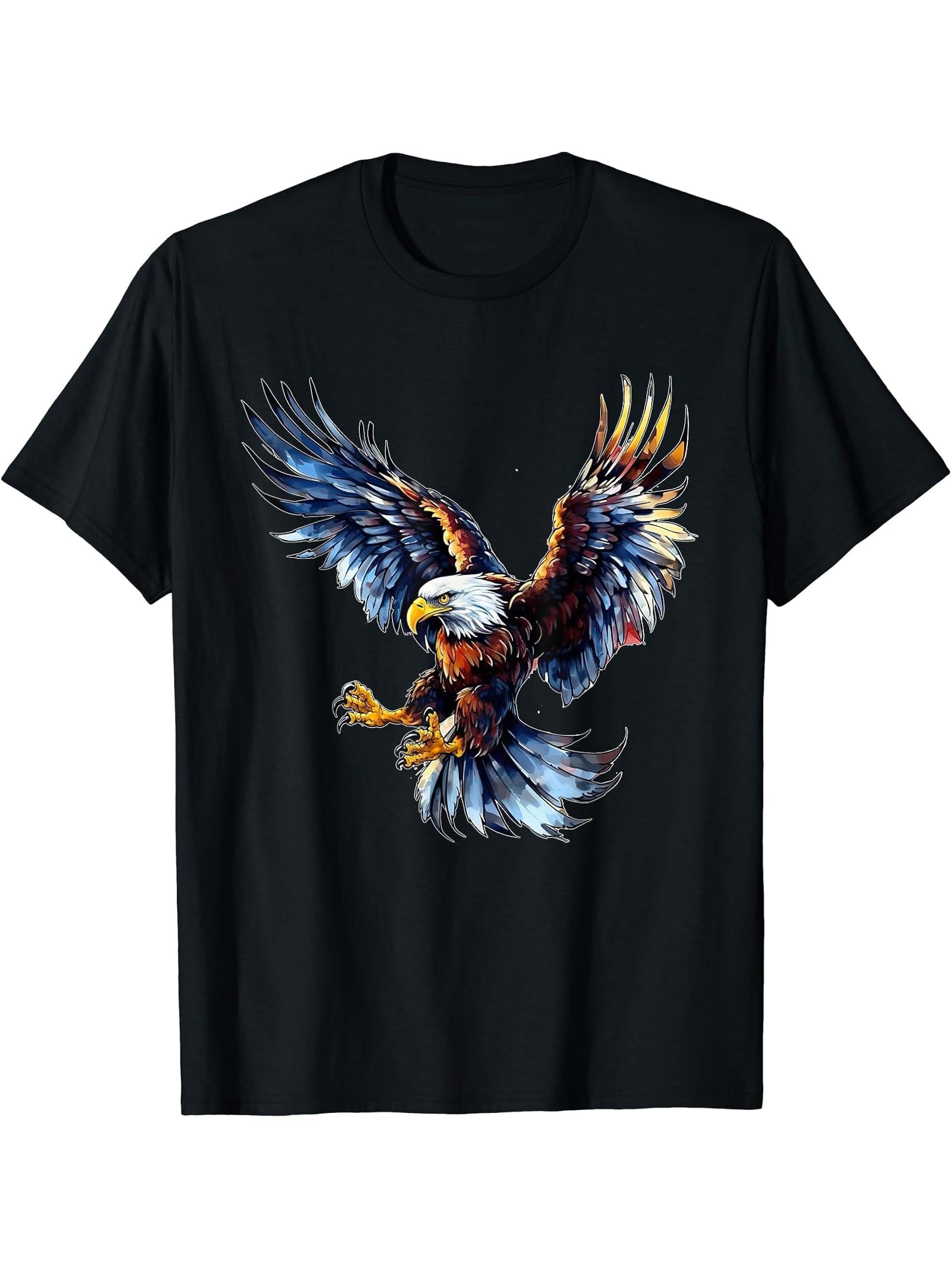 Majestic Bald Eagle Swooping T-Shirt 180G 100% Cotton Printed Round Neck Short-Sleeve T-Shirt, Gifts for Men Dad Husband Grandpa, S-XXXL, Black