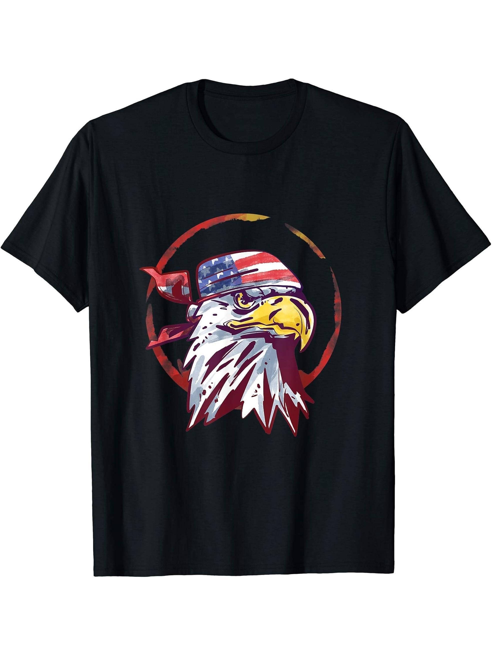 4th Of July American Flag Bald Eagle USA Merica Gift T-Shirt 180G 100% Cotton Printed Round Neck Short-Sleeve T-Shirt, Gifts for Men Dad Husband Grandpa, S-XXXL, Black