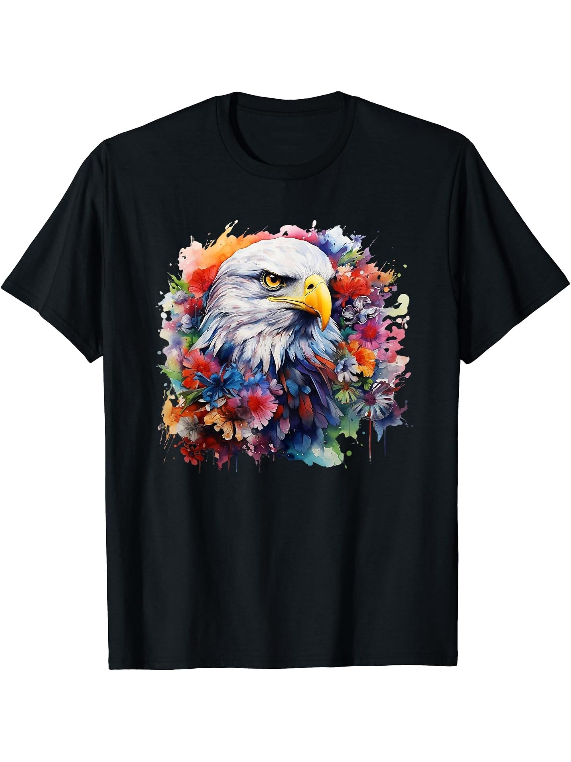 Patriotic American Bald Eagle Portrait Abstract Nature Art T-Shirt 180G 100% Cotton Printed Round Neck Short-Sleeve T-Shirt, Gifts for Men Dad Husband Grandpa, S-XXXL, Black