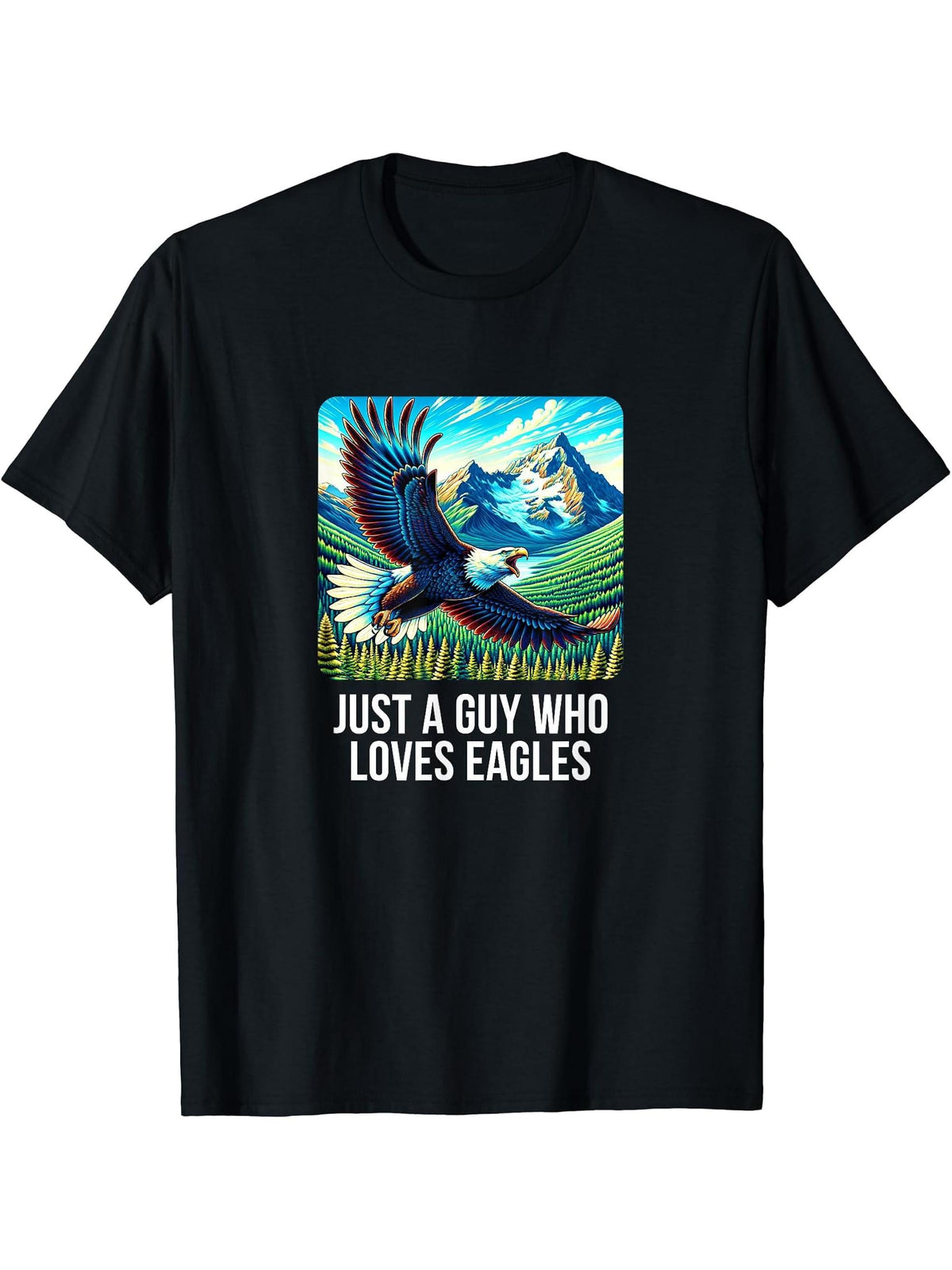 Just A Guy Who Loves Eagles - Bald Eagle - T-Shirt 180G 100% Cotton Printed Round Neck Short-Sleeve T-Shirt, Gifts for Men Dad Husband Grandpa, S-XXXL, Black