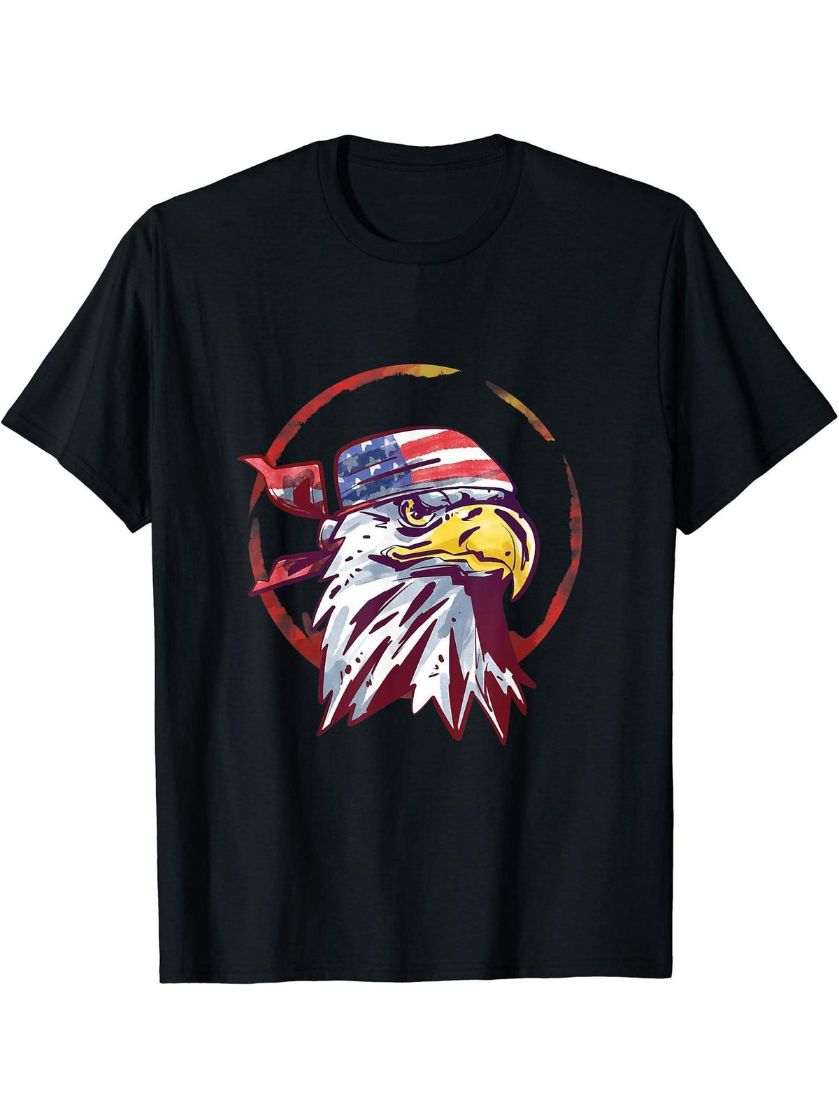 4th Of July American Flag Bald Eagle USA Merica Gift T-Shirt 180G 100% Cotton Printed Round Neck Short-Sleeve T-Shirt, Gifts for Men Dad Husband Grandpa, S-XXXL, Black
