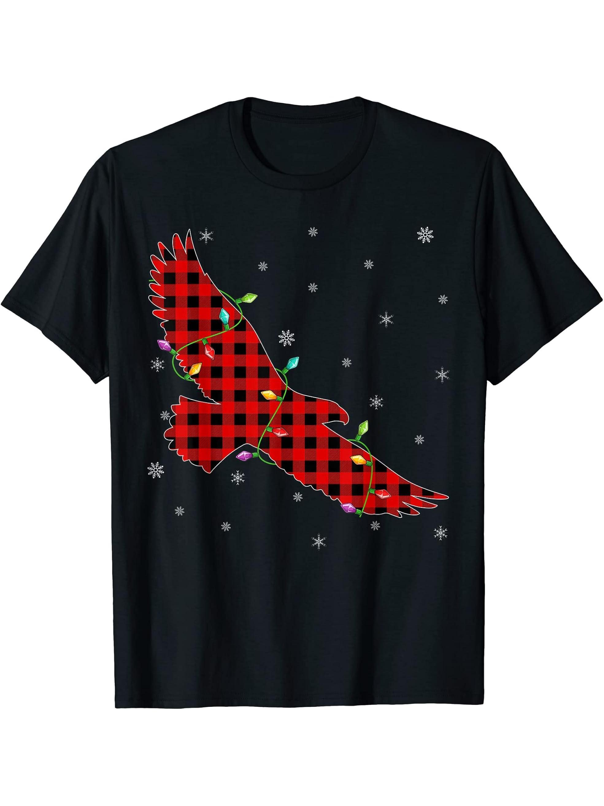 Buffalo Plaid Family Matching Bald Eagle Christmas Pajama T-Shirt 180G 100% Cotton Printed Round Neck Short-Sleeve T-Shirt, Gifts for Men Dad Husband Grandpa, S-XXXL, Black