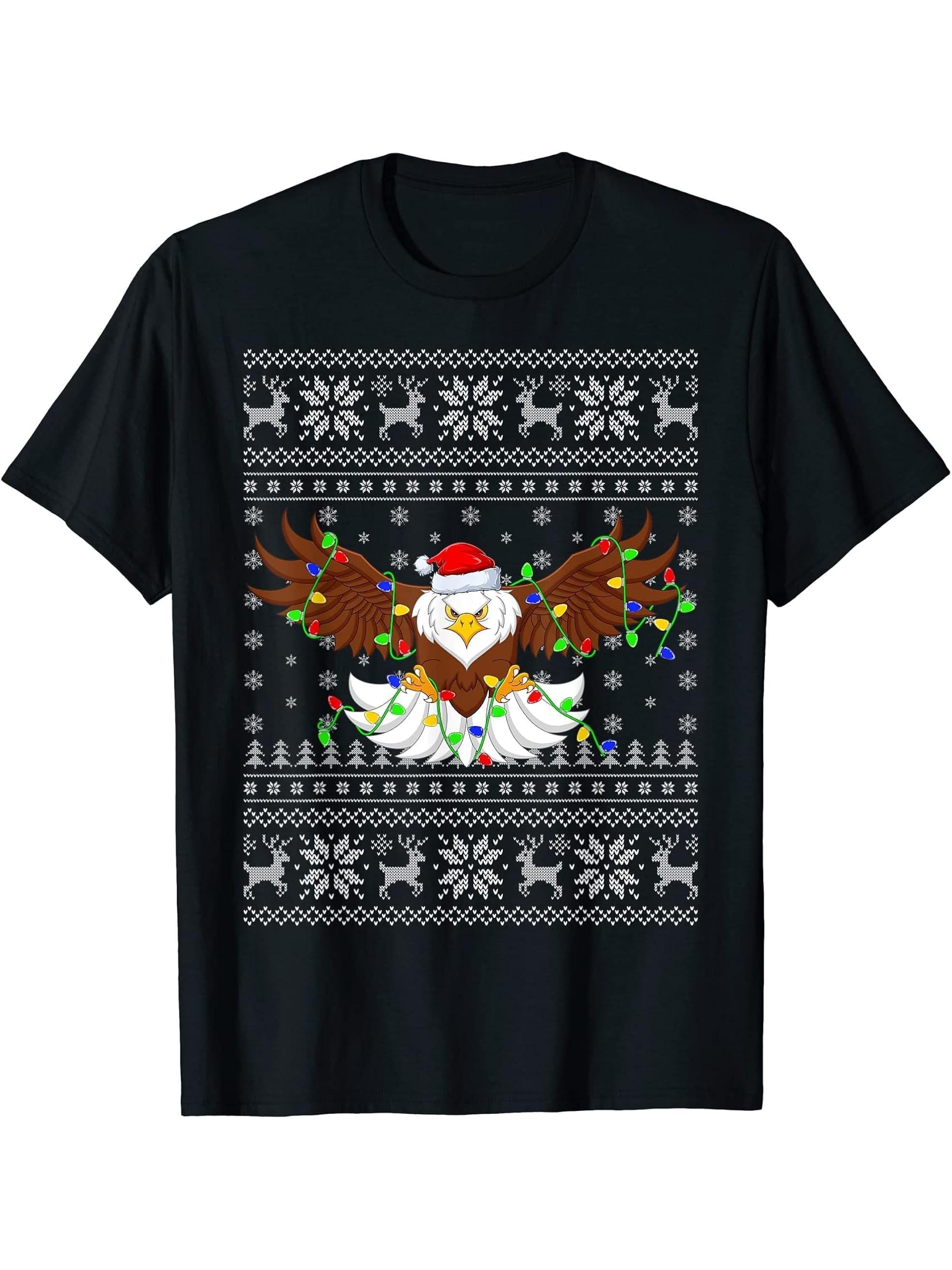 Santa Hat Bald Eagle Xmas Lighting Ugly Bald Eagle Christmas T-Shirt 180G 100% Cotton Printed Round Neck Short-Sleeve T-Shirt, Gifts for Men Dad Husband Grandpa, S-XXXL, Black