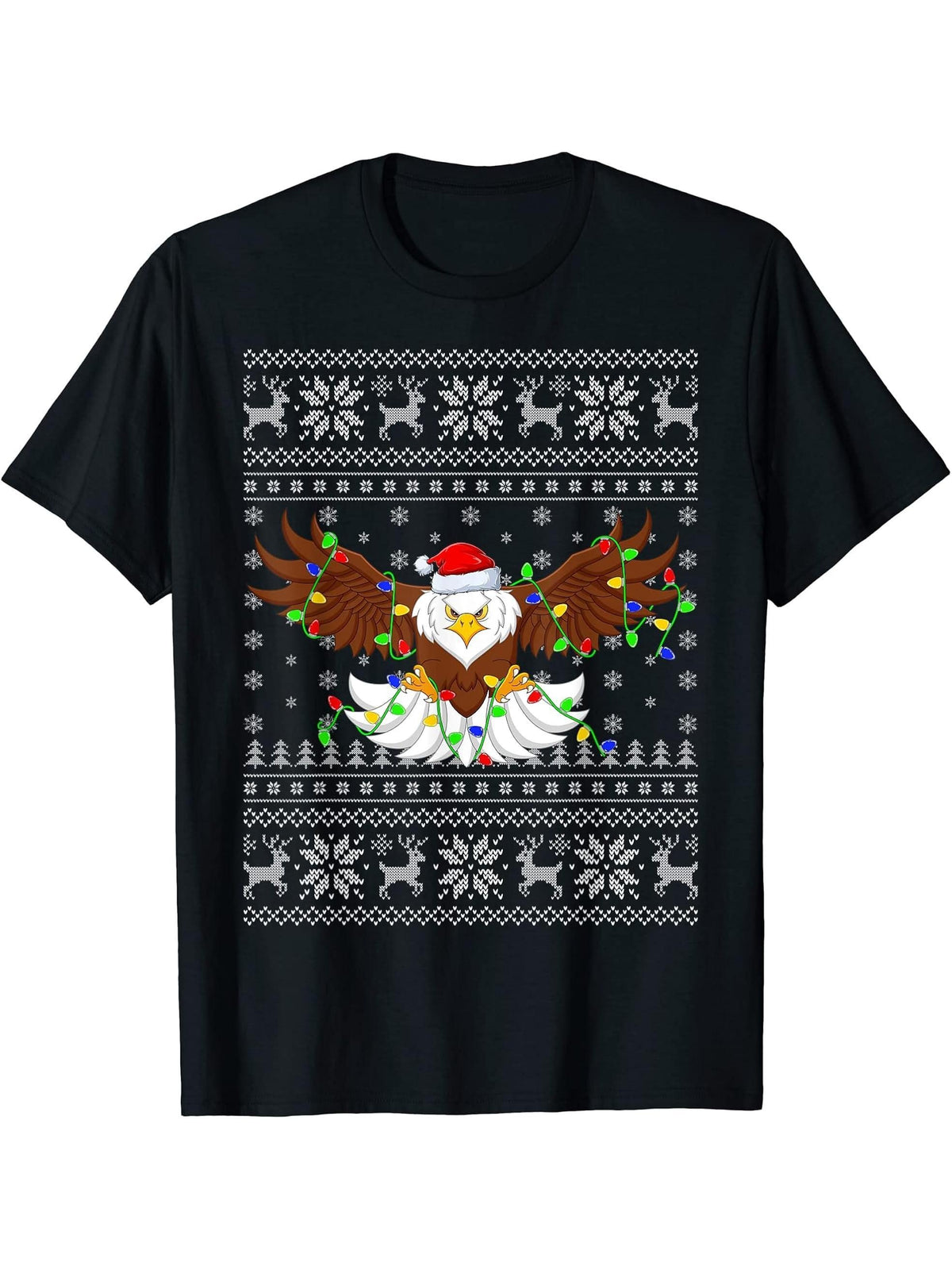Santa Hat Bald Eagle Xmas Lighting Ugly Bald Eagle Christmas T-Shirt 180G 100% Cotton Printed Round Neck Short-Sleeve T-Shirt, Gifts for Men Dad Husband Grandpa, S-XXXL, Black