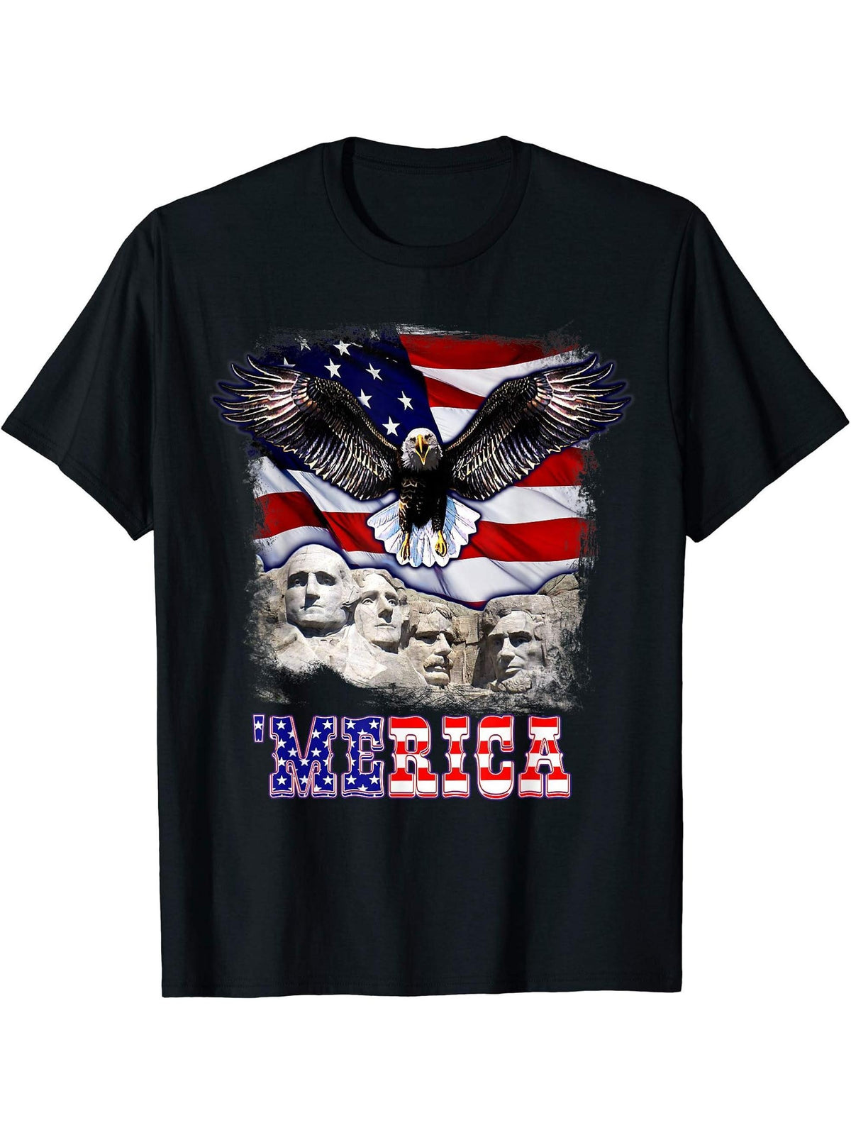 Merica 4th Of July American Flag Mount Rushmore Bald Eagle T-Shirt 180G 100% Cotton Printed Round Neck Short-Sleeve T-Shirt, Gifts for Men Dad Husband Grandpa, S-XXXL, Black