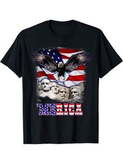 Merica 4th Of July American Flag Mount Rushmore Bald Eagle T-Shirt 180G 100% Cotton Printed Round Neck Short-Sleeve T-Shirt, Gifts for Men Dad Husband Grandpa, S-XXXL, Black