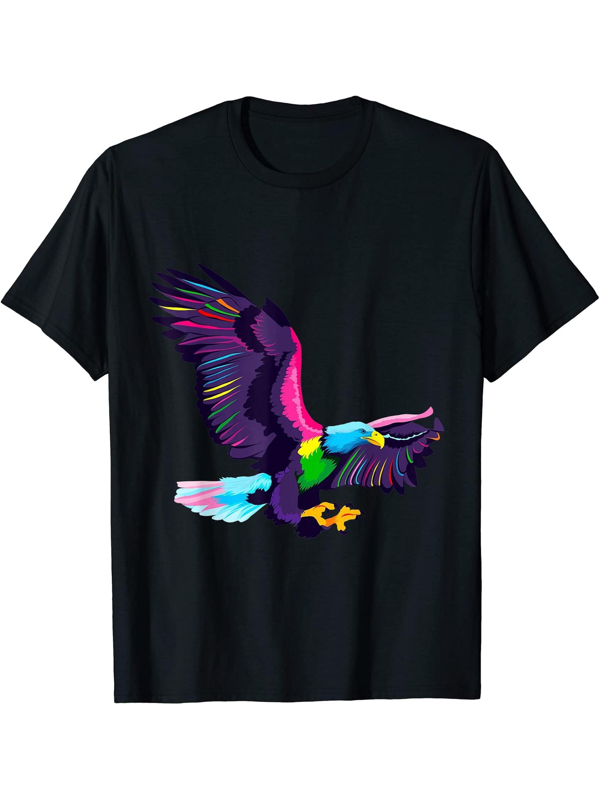 Colorful artistic style bald eagle, bright colorful eagle T-Shirt 180G 100% Cotton Printed Round Neck Short-Sleeve T-Shirt, Gifts for Men Dad Husband Grandpa, S-XXXL, Black