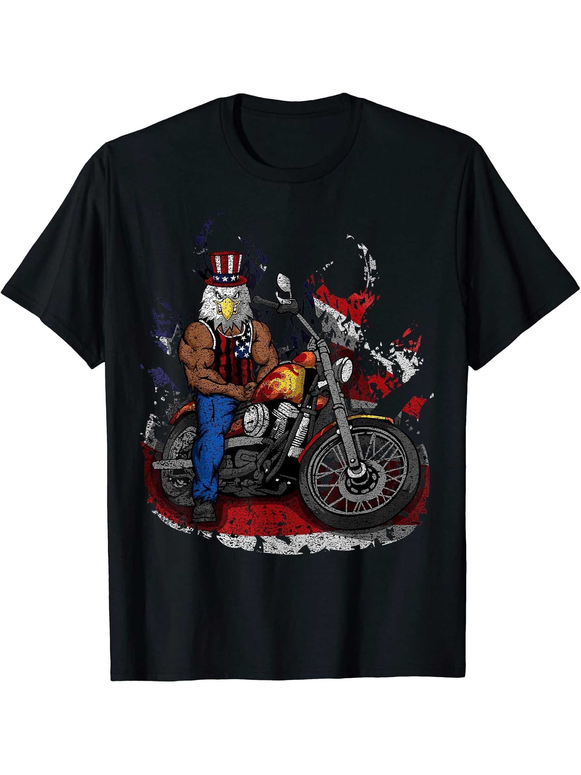 American Flag Muscular Bald Eagle Bike Flexing Uncle Sam T-Shirt 180G 100% Cotton Printed Round Neck Short-Sleeve T-Shirt, Gifts for Men Dad Husband Grandpa, S-XXXL, Black