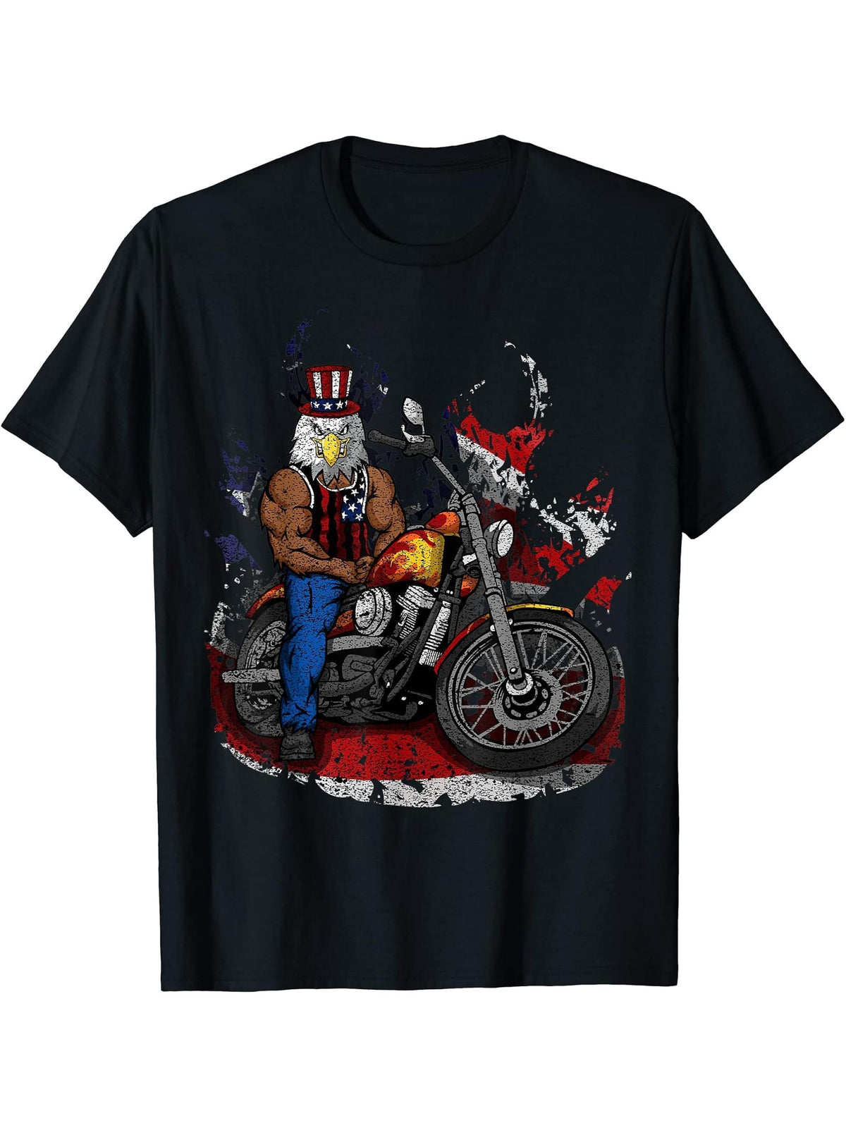 American Flag Muscular Bald Eagle Bike Flexing Uncle Sam T-Shirt 180G 100% Cotton Printed Round Neck Short-Sleeve T-Shirt, Gifts for Men Dad Husband Grandpa, S-XXXL, Black