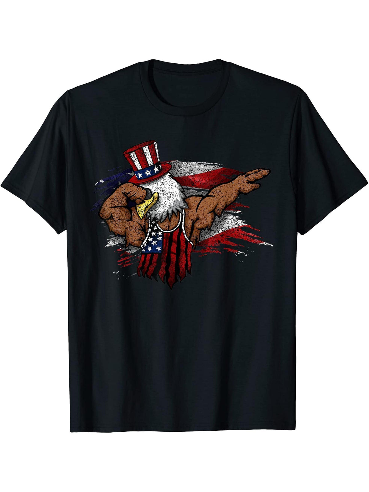American Flag Muscular Bald Eagle Bike Flexing Uncle Sam T-Shirt 180G 100% Cotton Printed Round Neck Short-Sleeve T-Shirt, Gifts for Men Dad Husband Grandpa, S-XXXL, Black