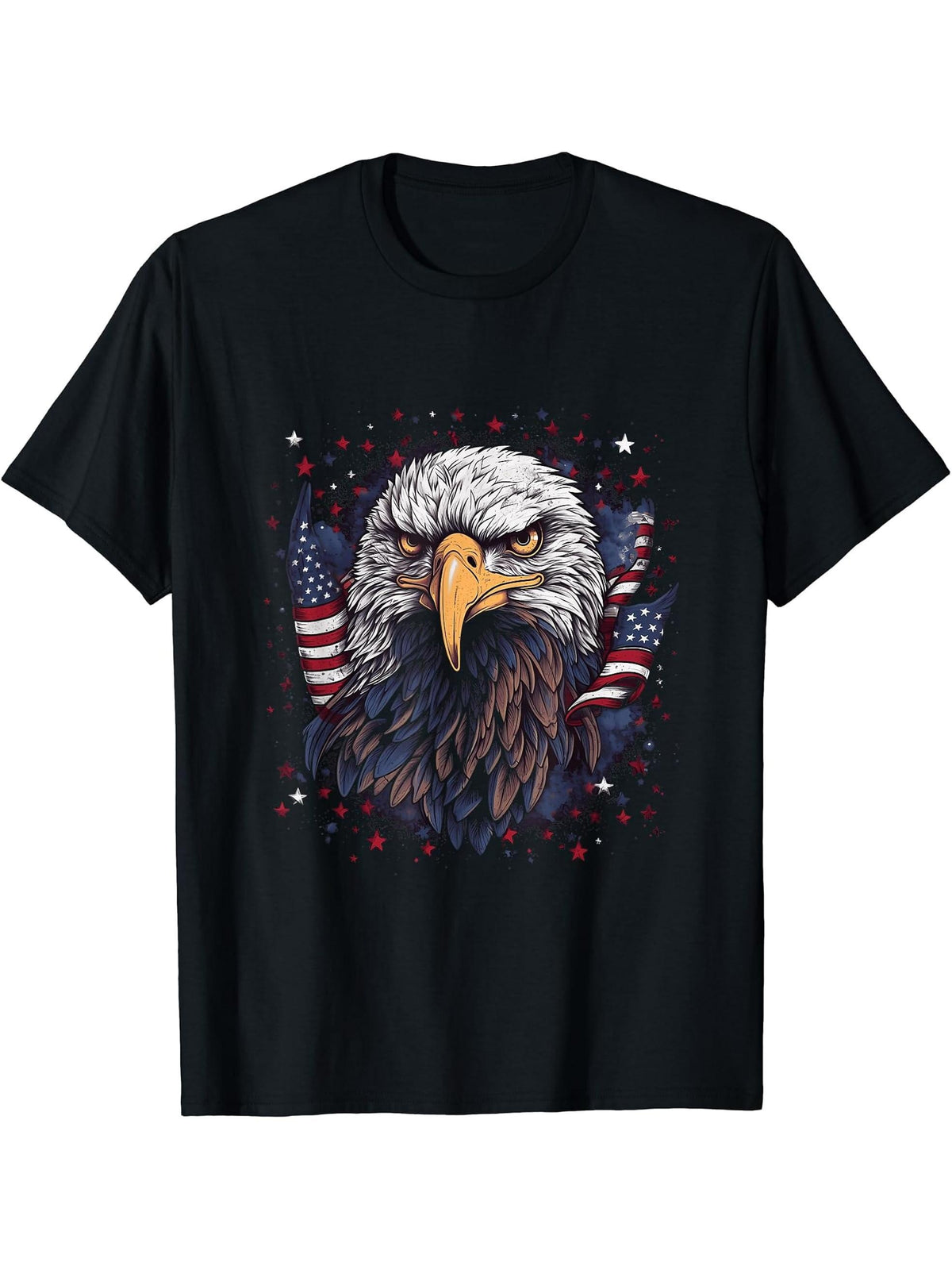 Sea Eagle US Flag Patriotic 4th Of July With Bald Eagle T-Shirt 180G 100% Cotton Printed Round Neck Short-Sleeve T-Shirt, Gifts for Men Dad Husband Grandpa, S-XXXL, Black