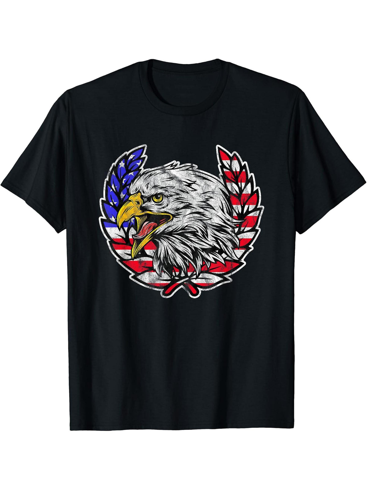 American Bald Eagle - Patriotic USA Distressed Retro T-Shirt 180G 100% Cotton Printed Round Neck Short-Sleeve T-Shirt, Gifts for Men Dad Husband Grandpa, S-XXXL, Black