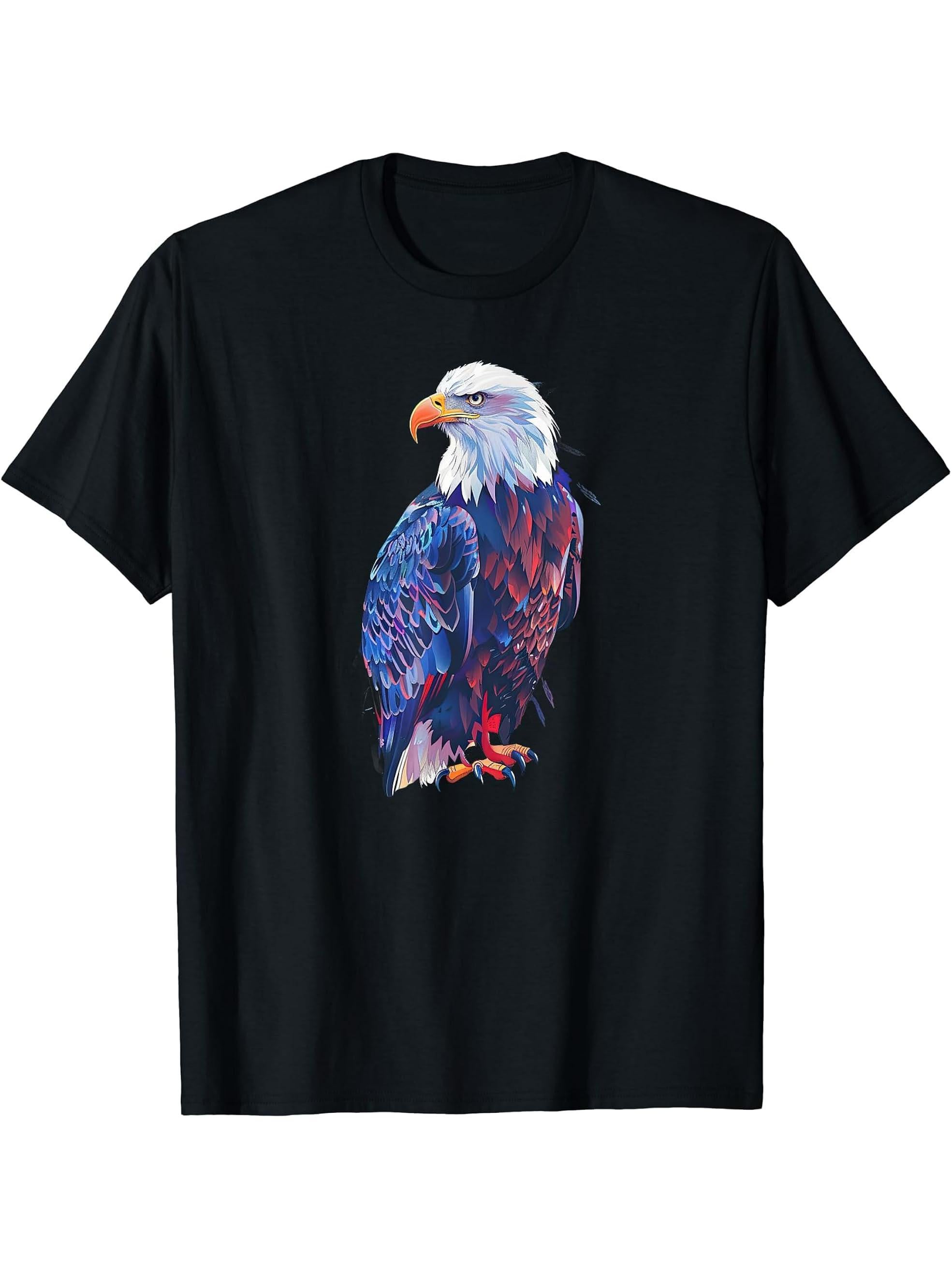 American Bald Eagle, American Flag, Cool T-Shirt 180G 100% Cotton Printed Round Neck Short-Sleeve T-Shirt, Gifts for Men Dad Husband Grandpa, S-XXXL, Black