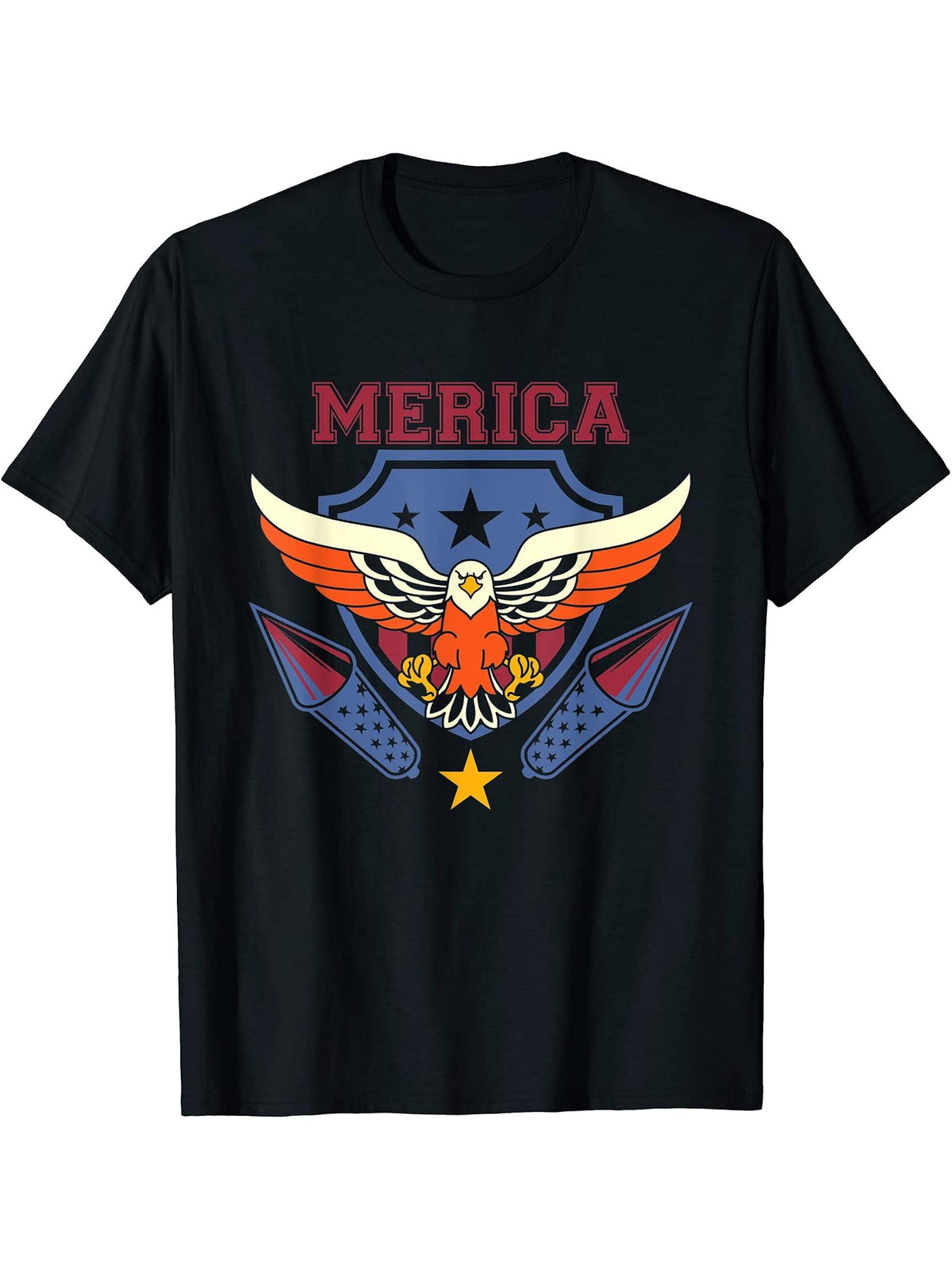 US Flag Pride Merica Freedom Patriotic American Bald Eagle T-Shirt 180G 100% Cotton Printed Round Neck Short-Sleeve T-Shirt, Gifts for Men Dad Husband Grandpa, S-XXXL, Black